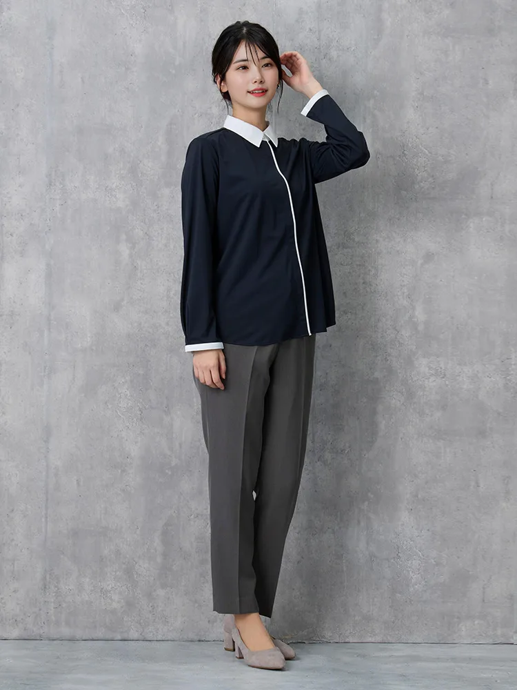 ホワイト 【ストレッチ】長袖 配色レギュラーブラウス【WEB限定】形態