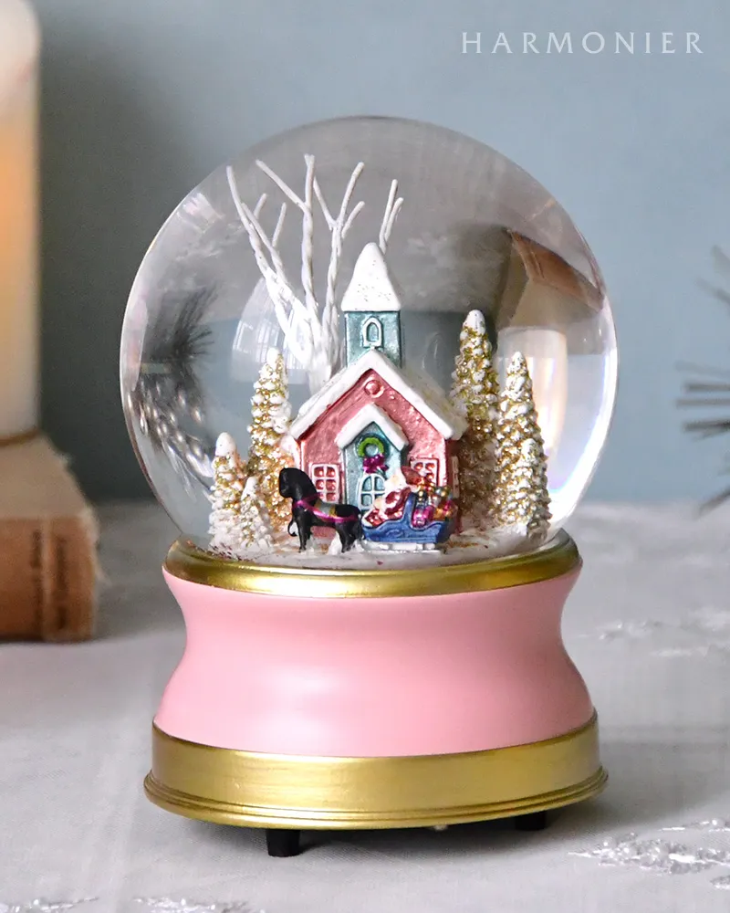 スノードームオルゴール/スノーヴィレッジピンク｜クリスマス雑貨の