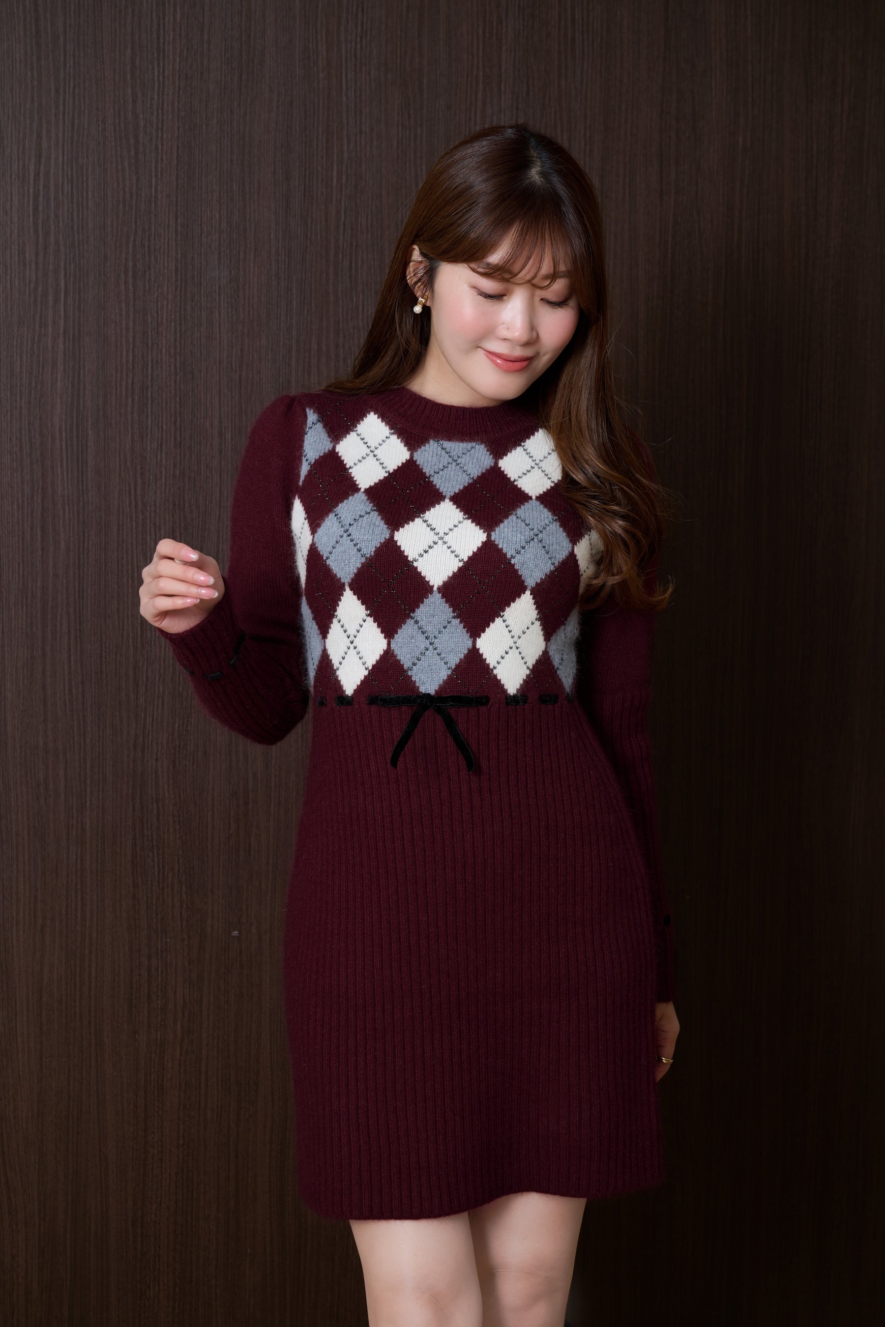 New Color]Moor Argyle Ribbon Knit Dress