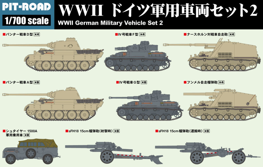 1/700 WWII ドイツ軍用車両セット 2 【パンター戦車D型×4、パンター