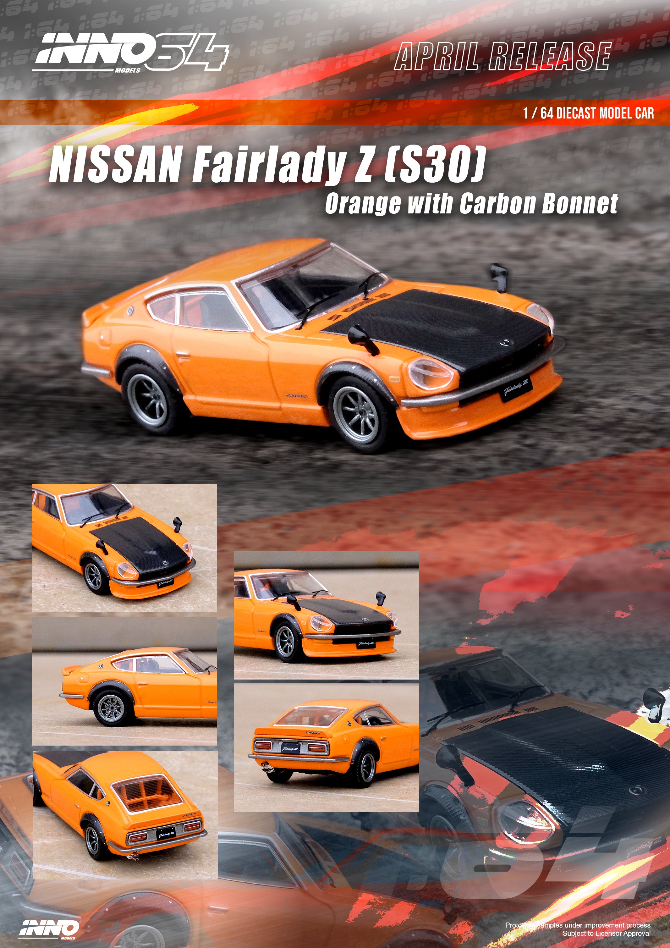 Inno64 1:64 Nissan FAIRLADY Z (S30) Orange With Carbon Bonnet IN64