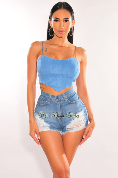 Baby Blue Elastic Straps Bustier Curved Hem Crop Top – Hot Miami