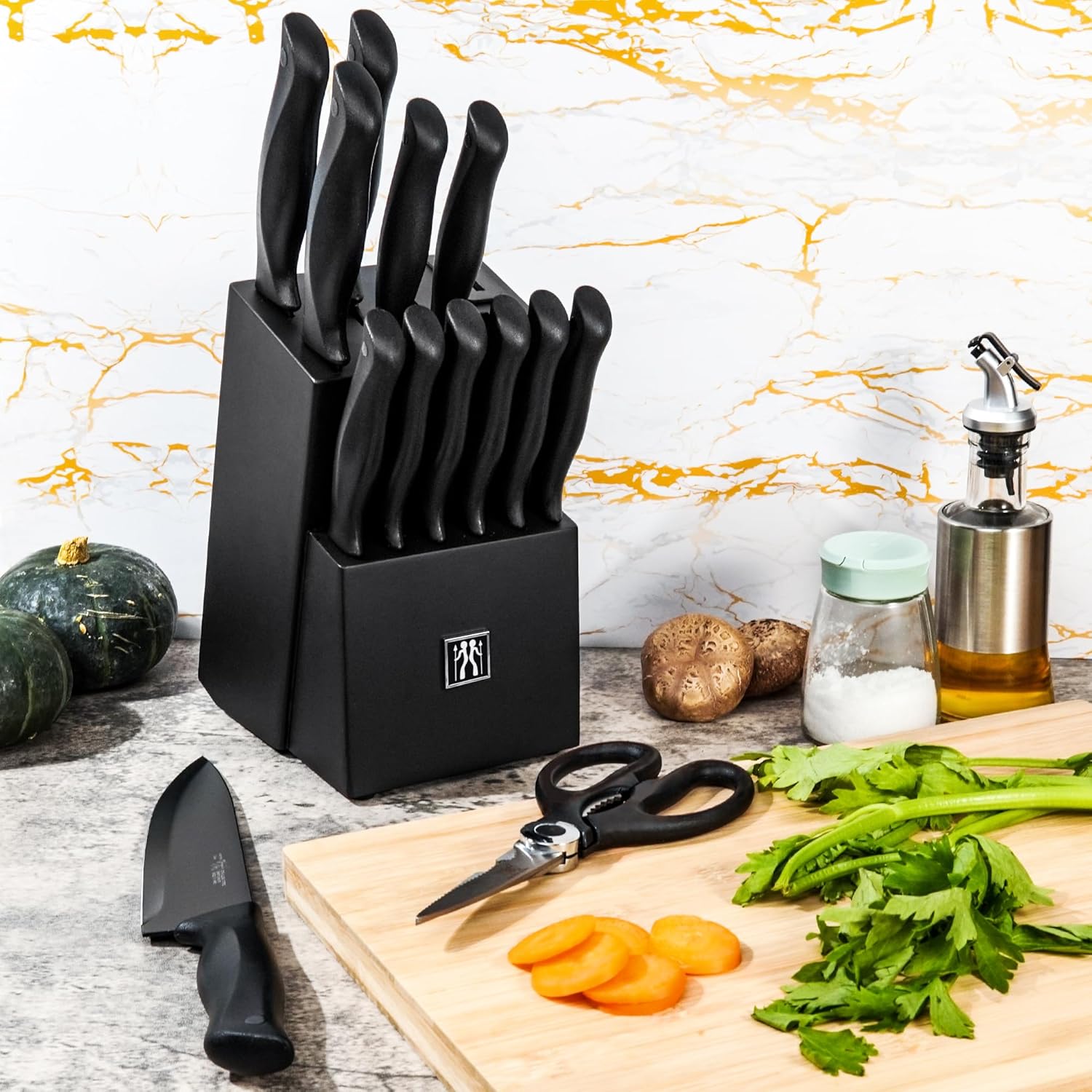 HUNTER.DUAL 15 Pcs Kitchen Knife Set with Block Self Sharpening