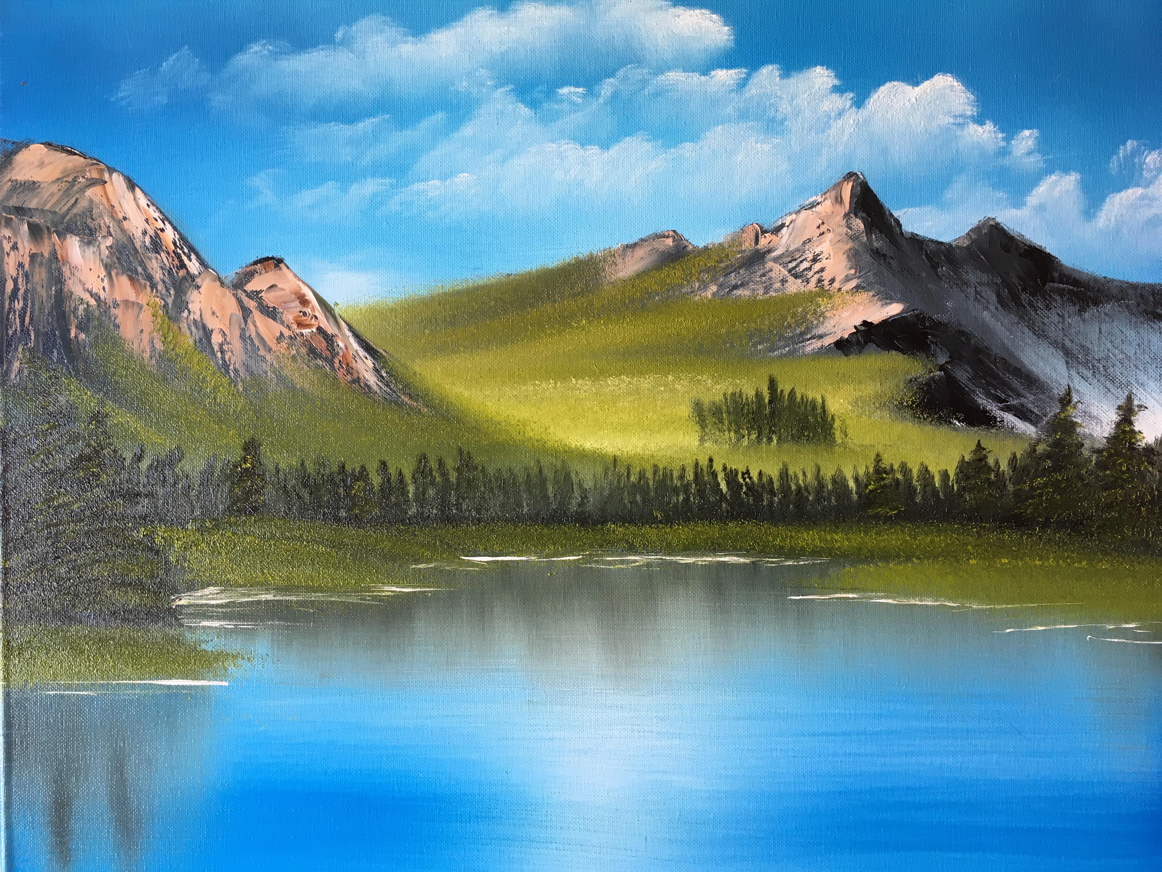 My 2nd Bob Ross Painting: Mountain Ridge Lake. Still happier with