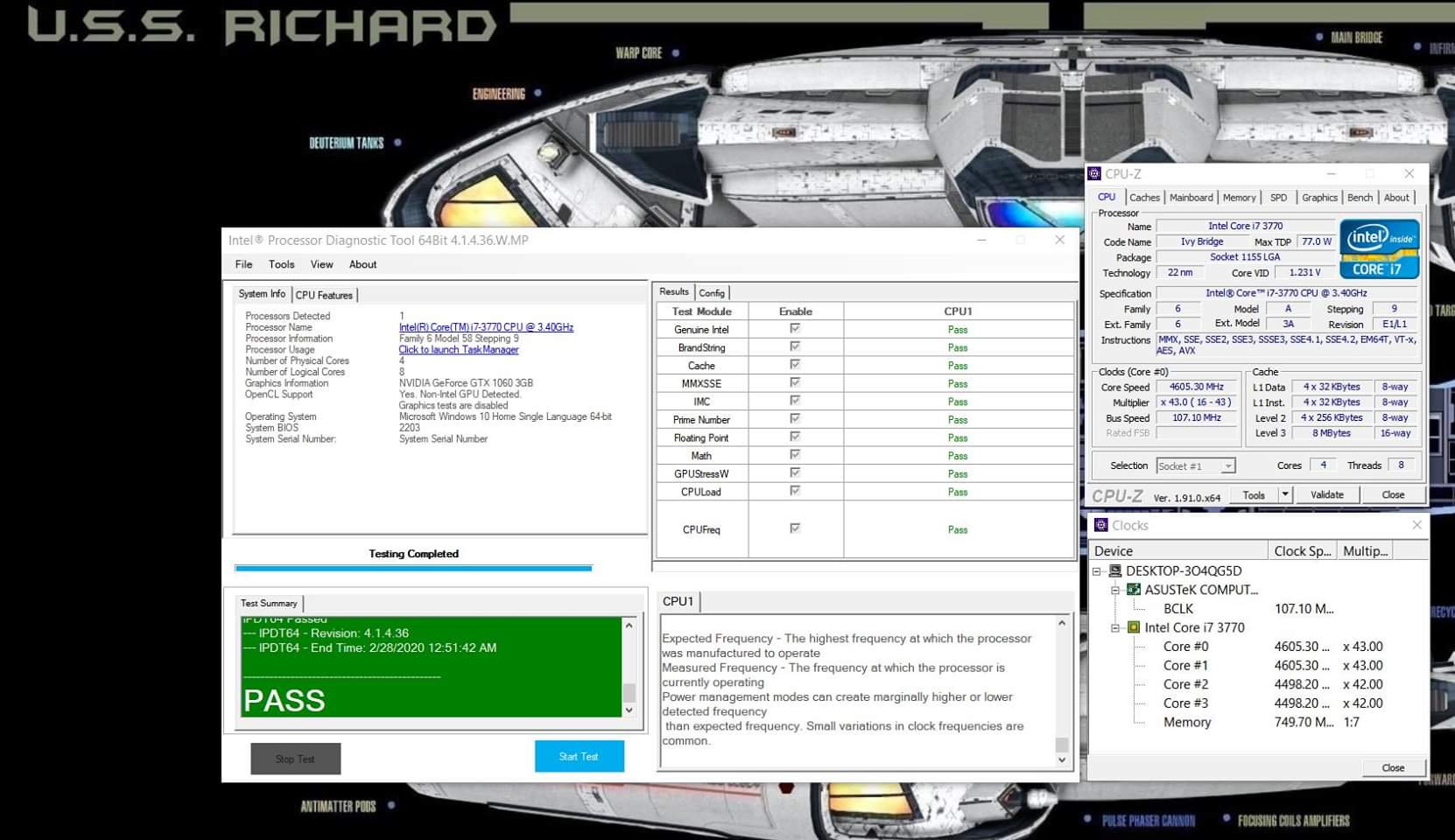 i7 3770 Non K 4.6 GHZ. Air cooled with 212 Evo 8 year old CPU