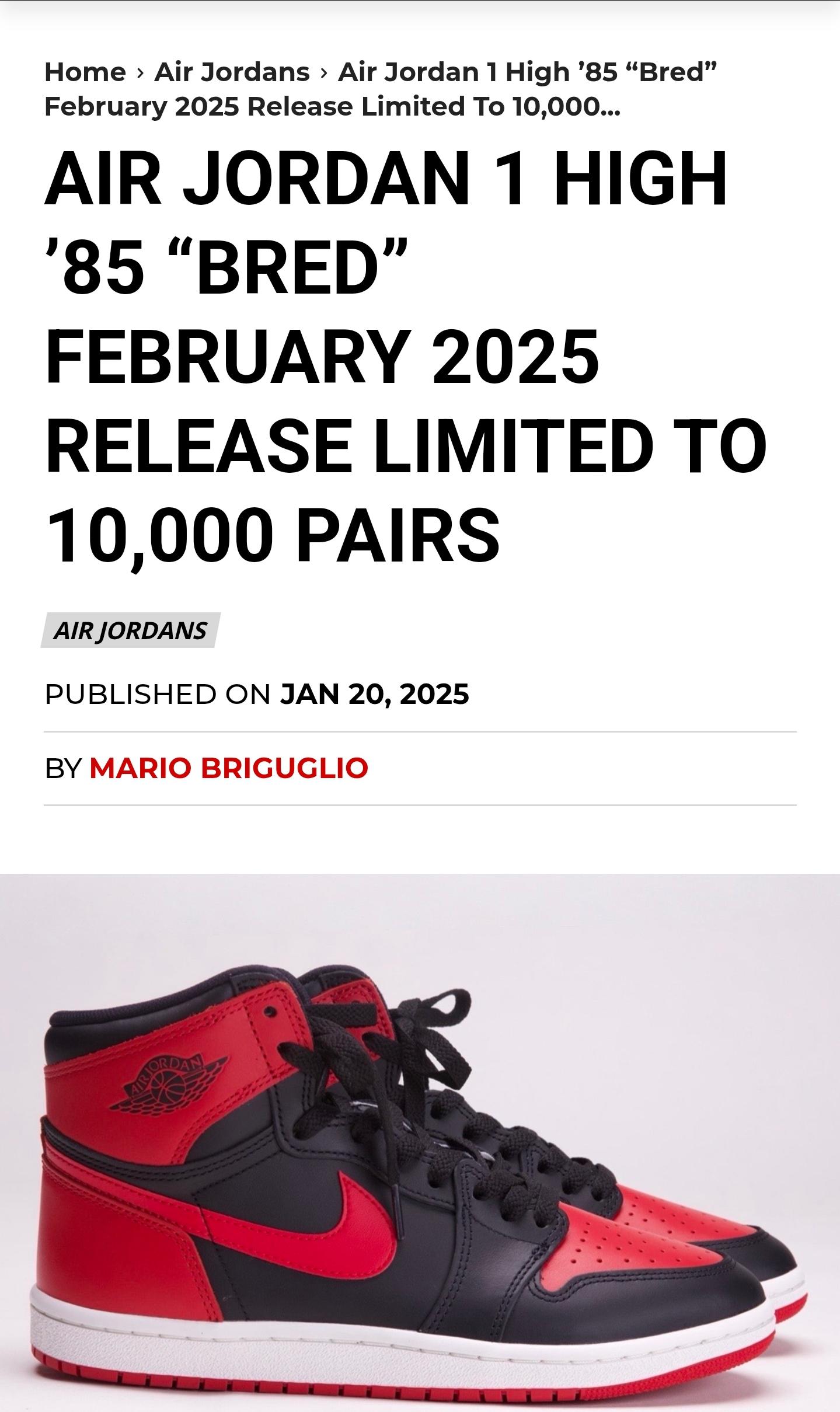 Bred 85 2025 will be linited to 10k pairs. Crap : r/Sneakers