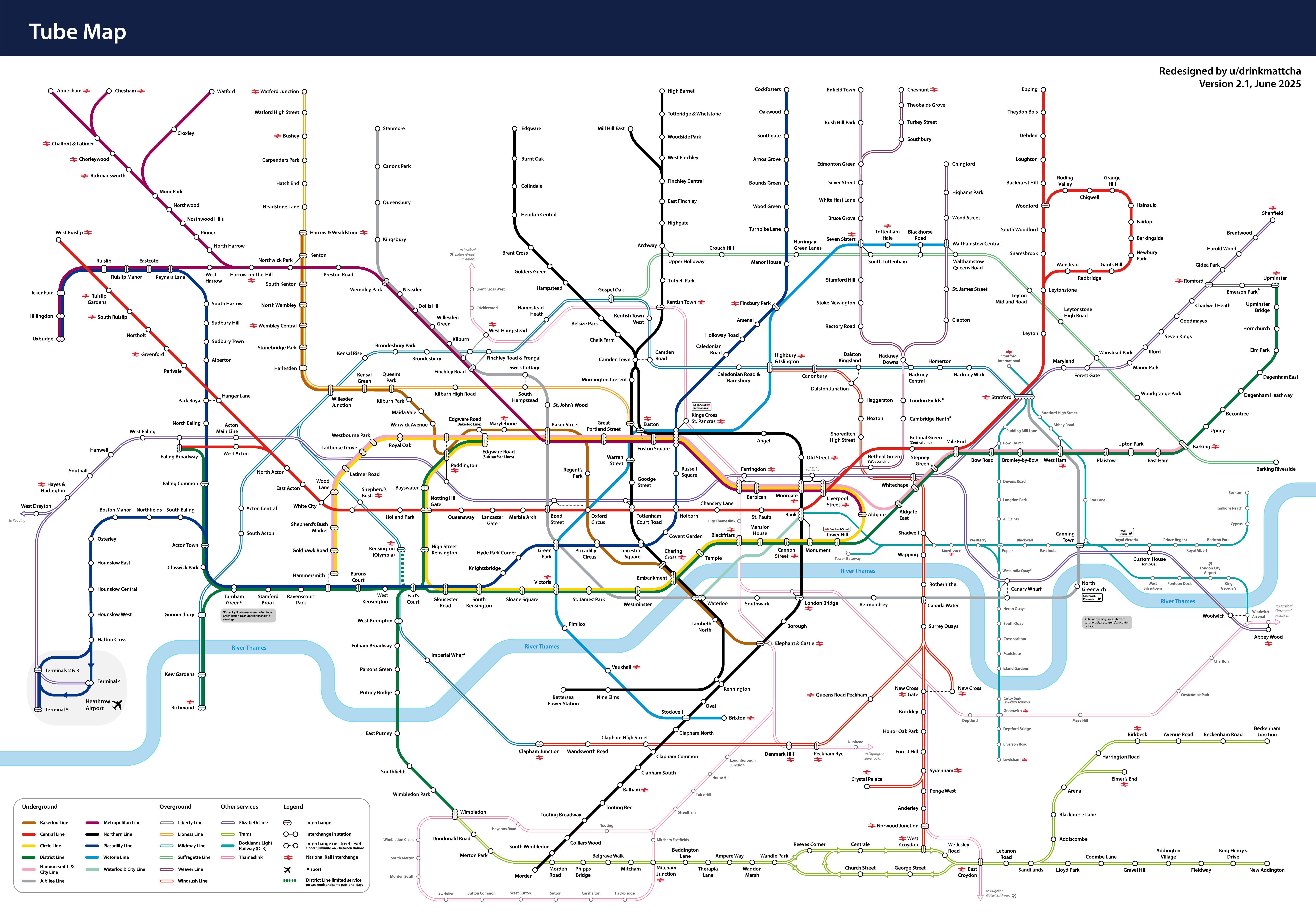 OC] ロンドン地下鉄マップ MTRスタイル (英語のみ、Thameslink付き