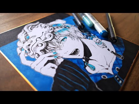 色紙イラスト／アナログ】青と黒の2色だけで塗ってみた - YouTube