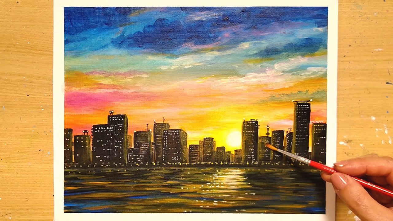 How to draw [Sunset over the building] with acrylic paint