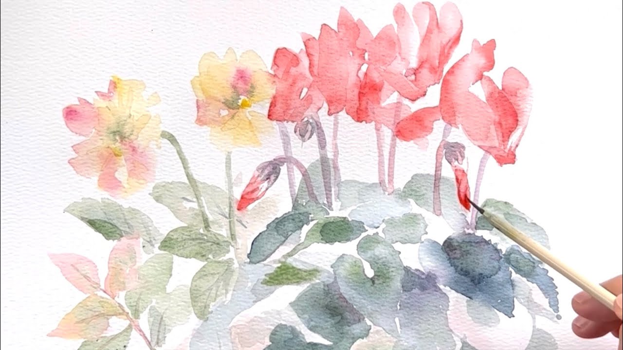 水彩画]透明水彩でシクラメンとパンジーを描く/watercolor - YouTube