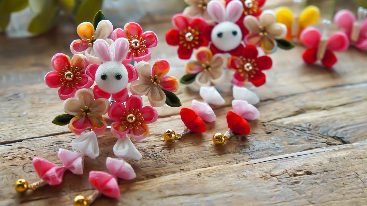 ぱっちんピンでうさぎ付き髪飾りを作ろう【つまみ細工】 七五三