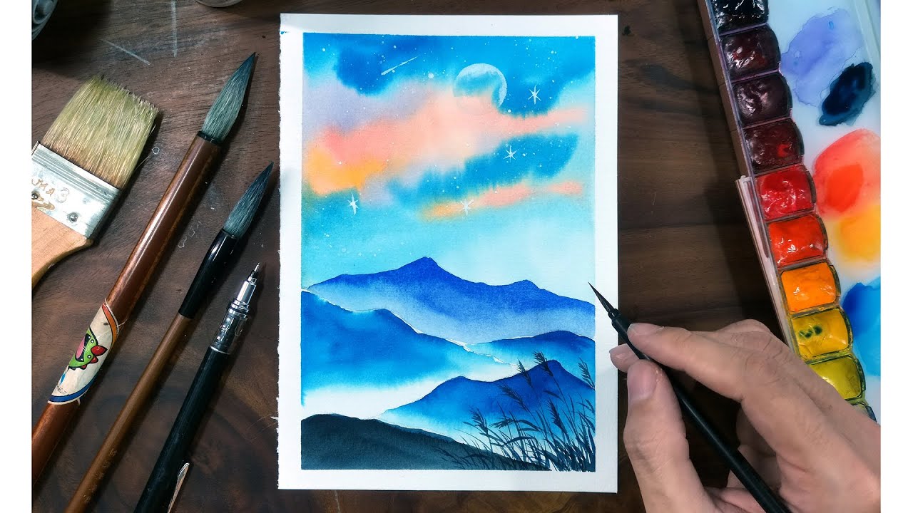 3軒の家の風景画（水彩画）（720×630） 3軒の家の風景画（水彩画