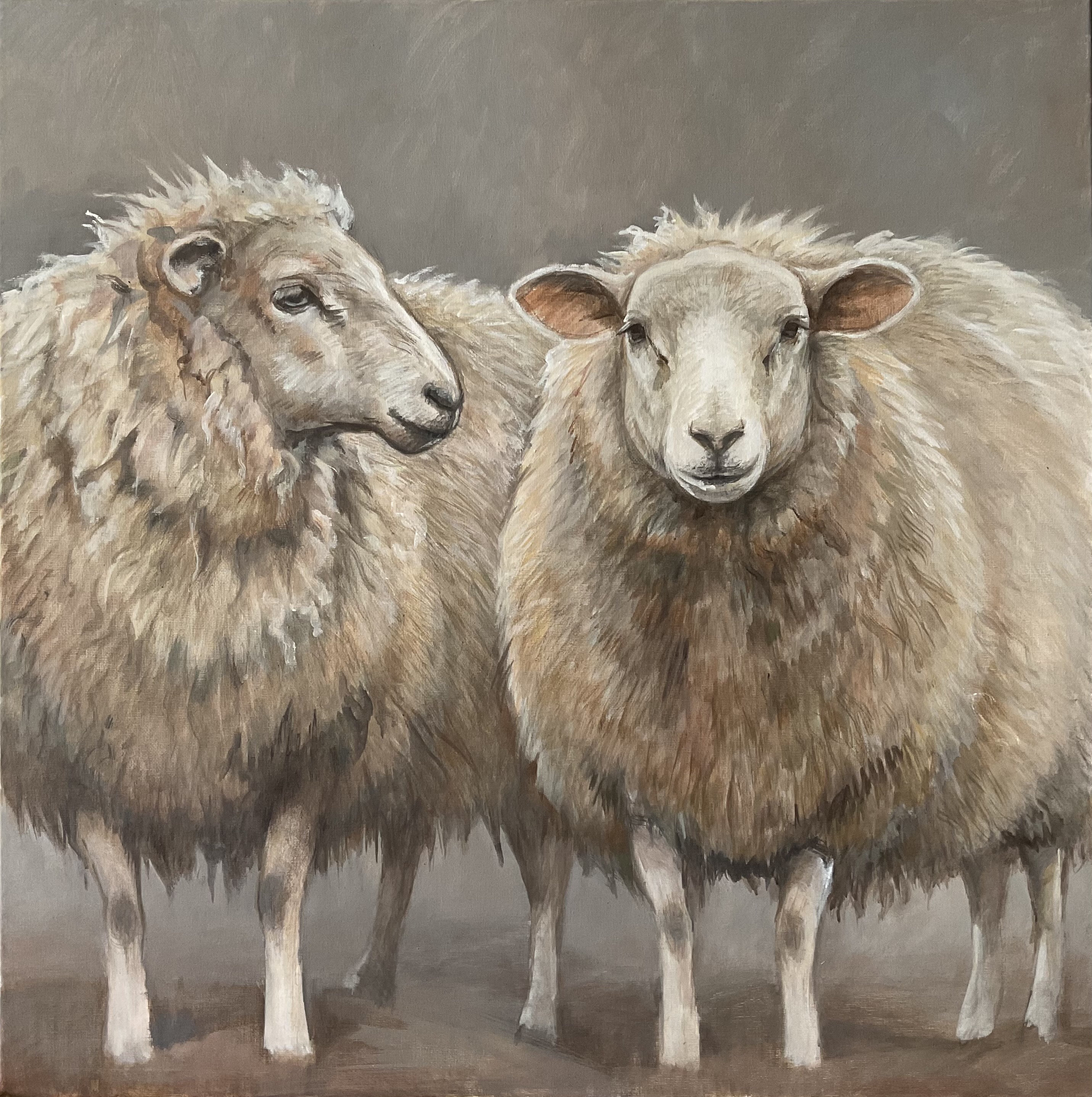 オリジナルの羊の絵画：大きなアクリル動物の肖像画 24x24インチ