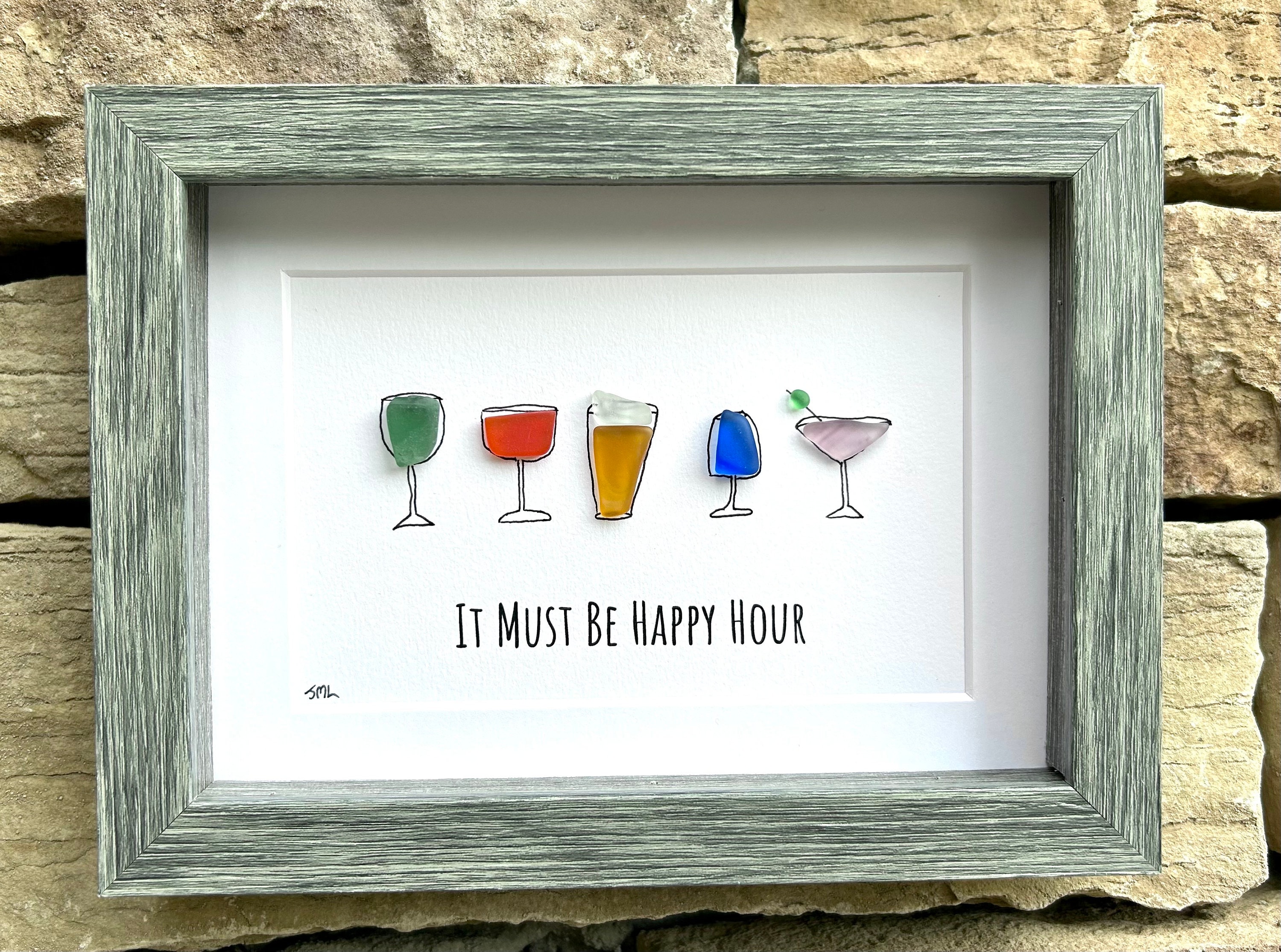 Happy Hour Sea Glass Art, 5x7 Framed Handmade Picture, Bar