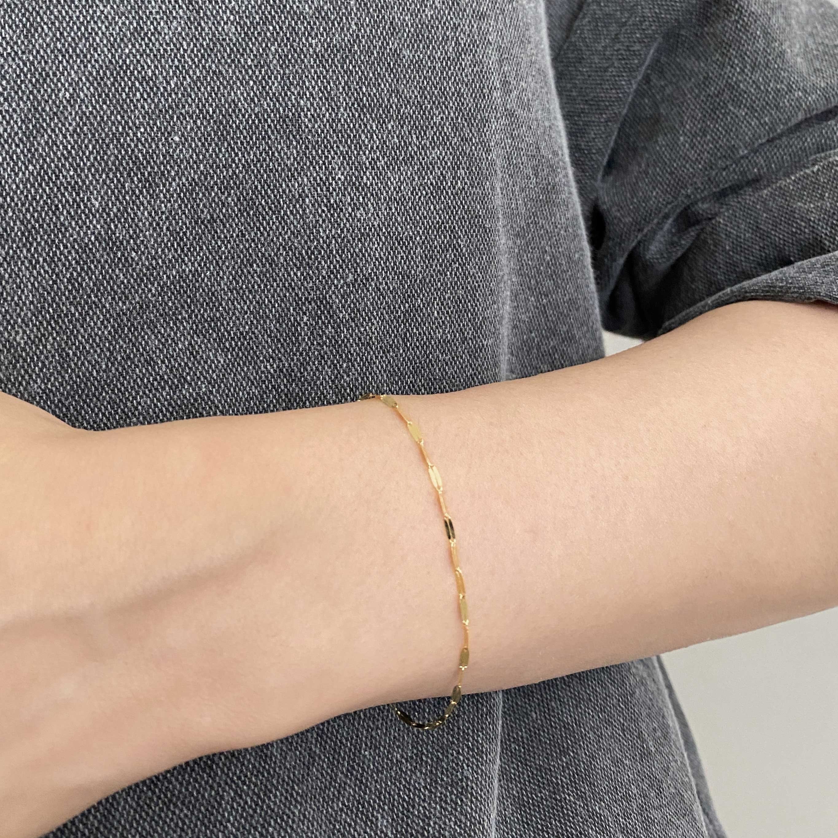 14k Solid Gold Thin Flat Chain Bracelet, Simple Minimalist Gold