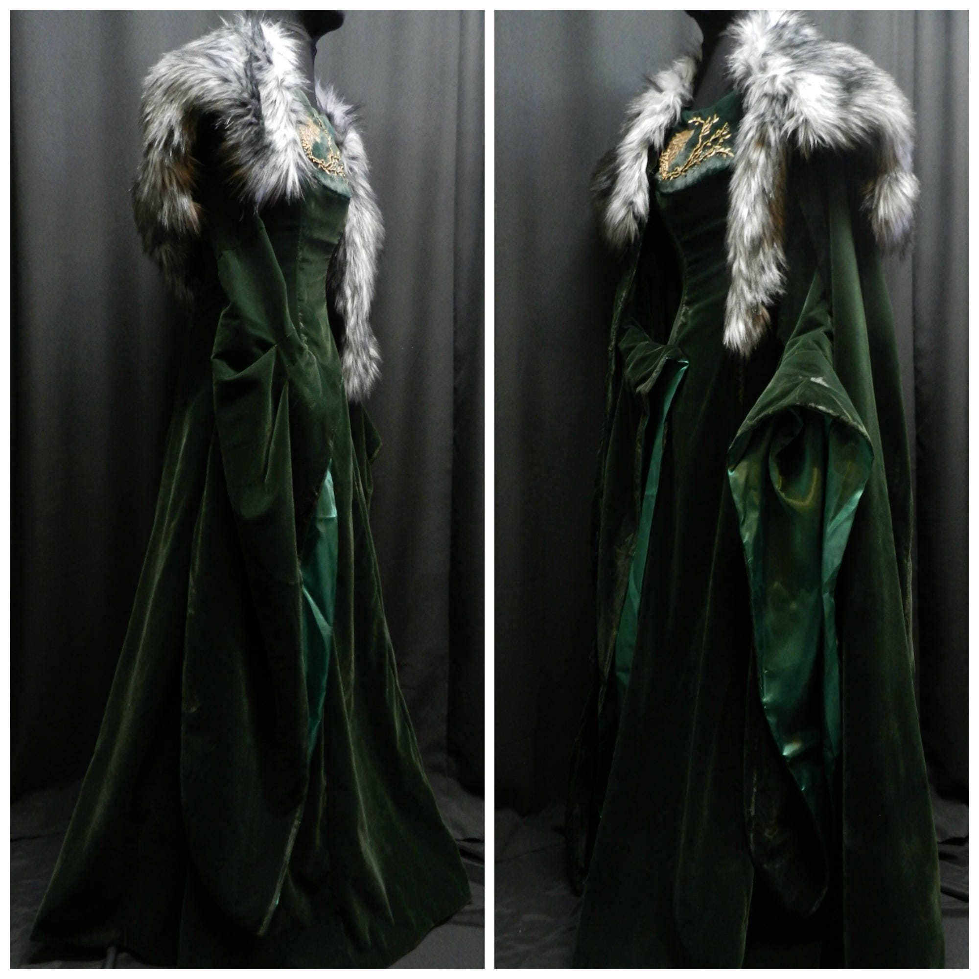 Inspired by Sansa Stark Green Velvet Dress , Embroidered Wolf