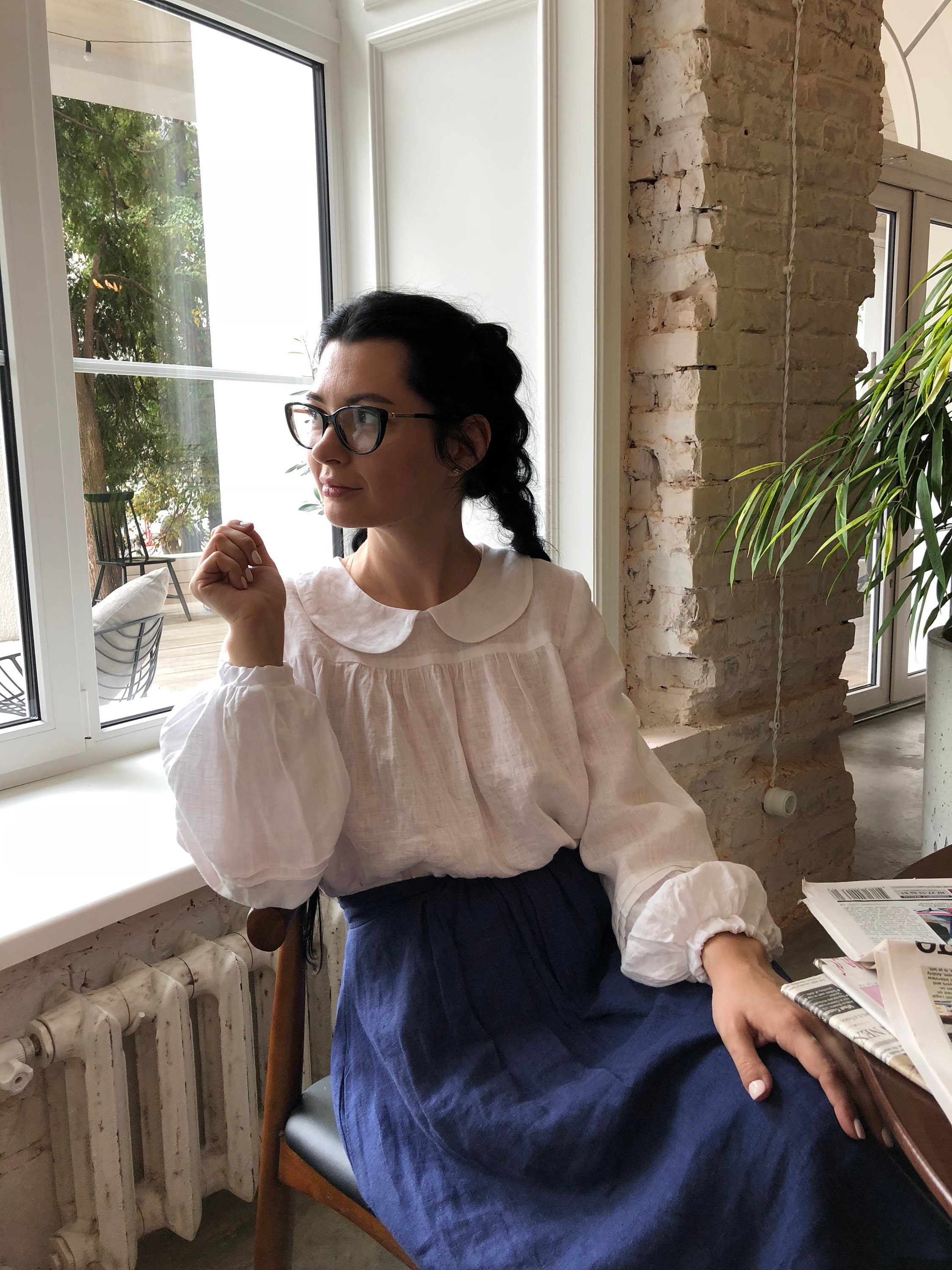 AMELIE Women Shirt, Linen Top, Puff Sleeve Blouse , Plus Size