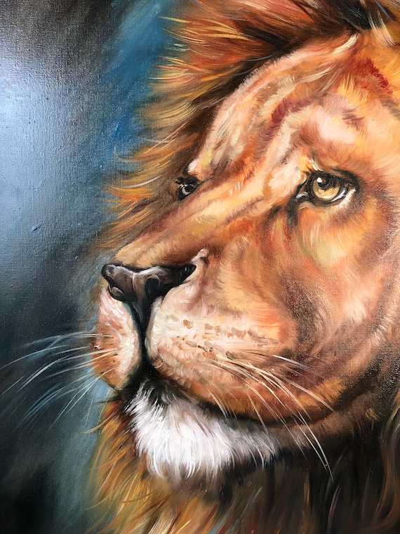 ライオンヘッド油絵キャンバス抽象動物アート青茶色壁アート勇敢な絵画