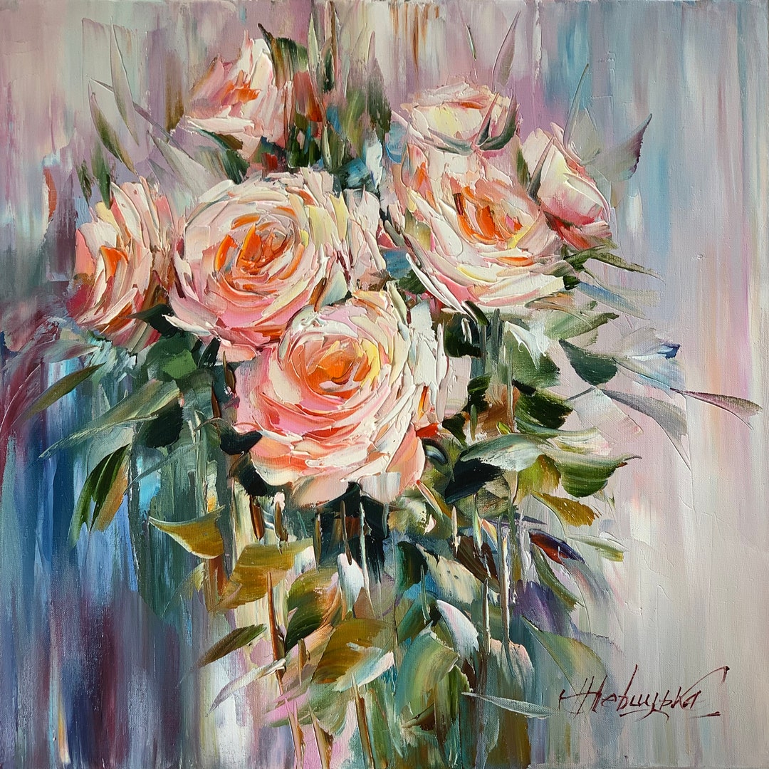 抽象的なバラの油絵、花のキャンバス壁アート - Etsy 日本