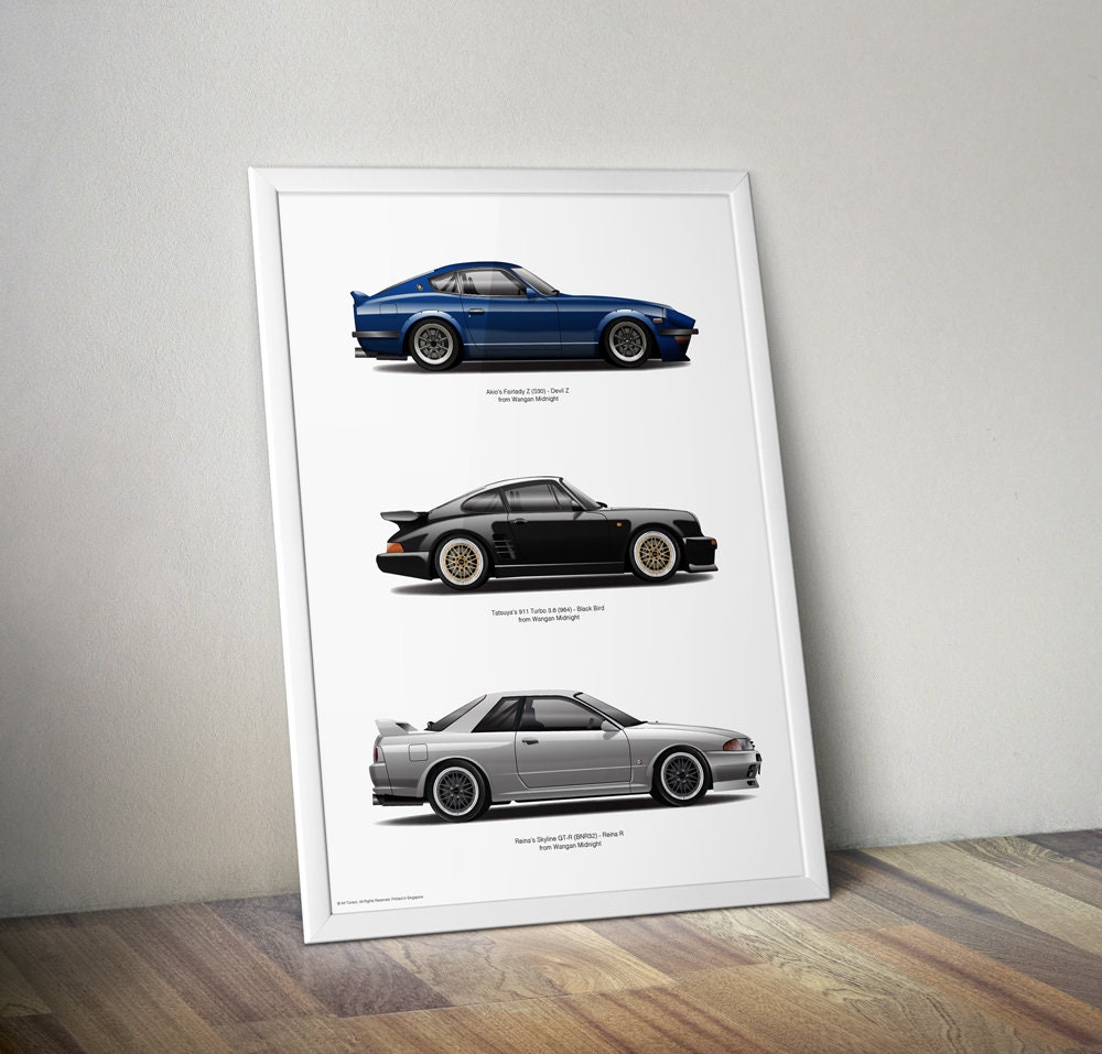 Wangan Midnight Car Art Print: Fairlady Z, Black Bird 911, Skyline