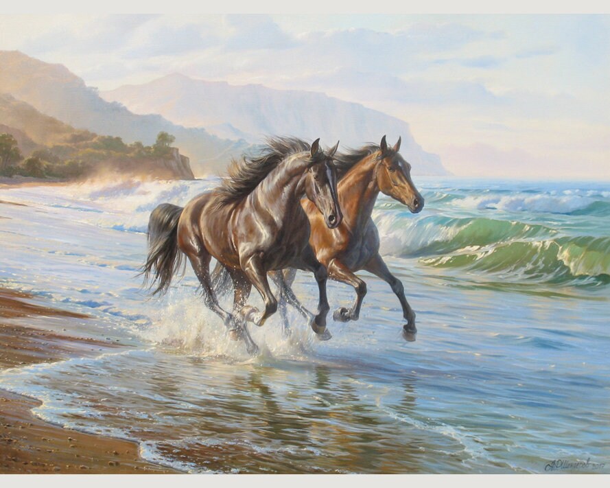 アレクサンダー・シェンデロフによるオリジナルの馬の油絵：海景