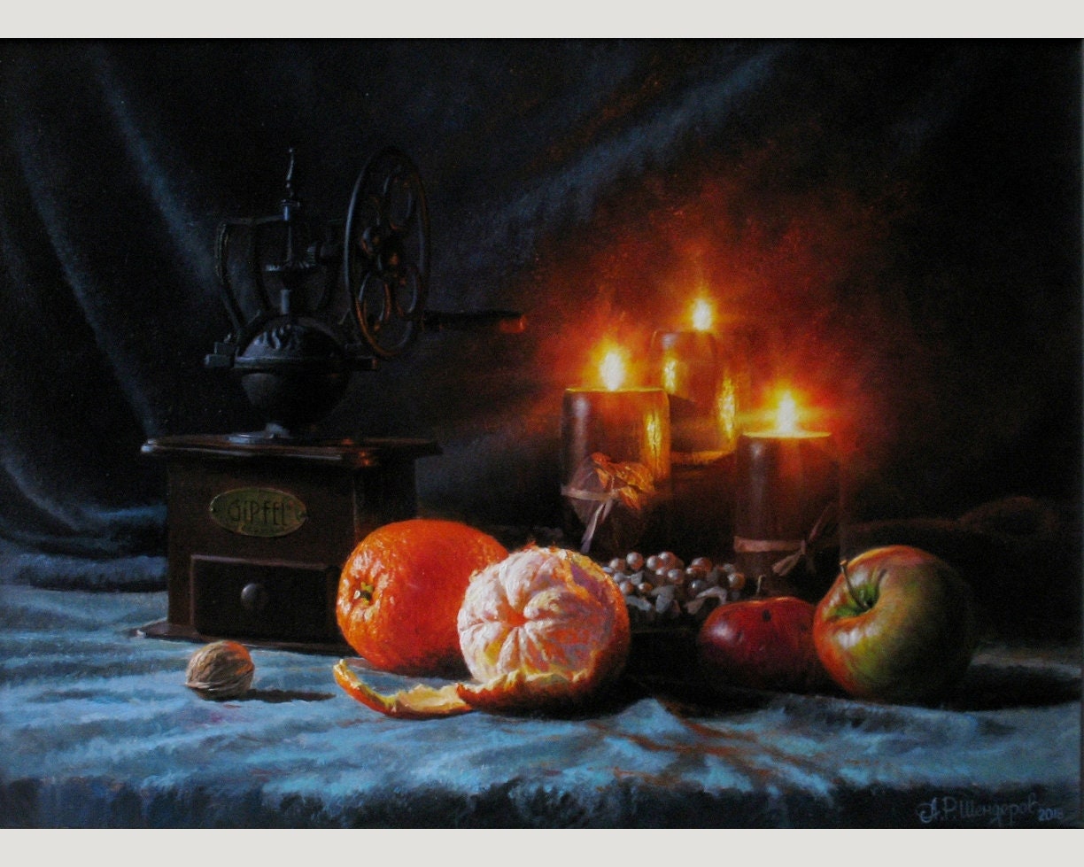 アレクサンダー・シェンデロフ作 オリジナル静物油絵：ろうそく、果物