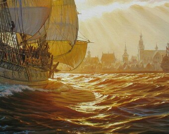 キャンバスに描かれたオリジナル油絵：「BREDERODE」帆船の海景画