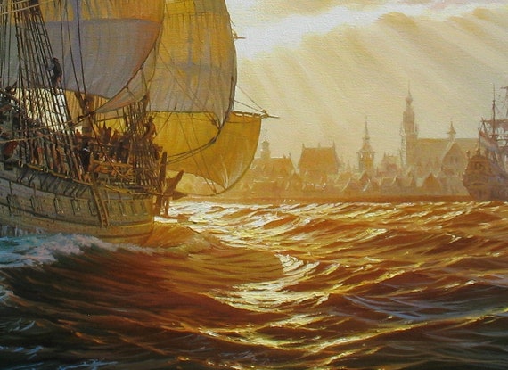 キャンバスに描かれたオリジナル油絵：「BREDERODE」帆船の海景画