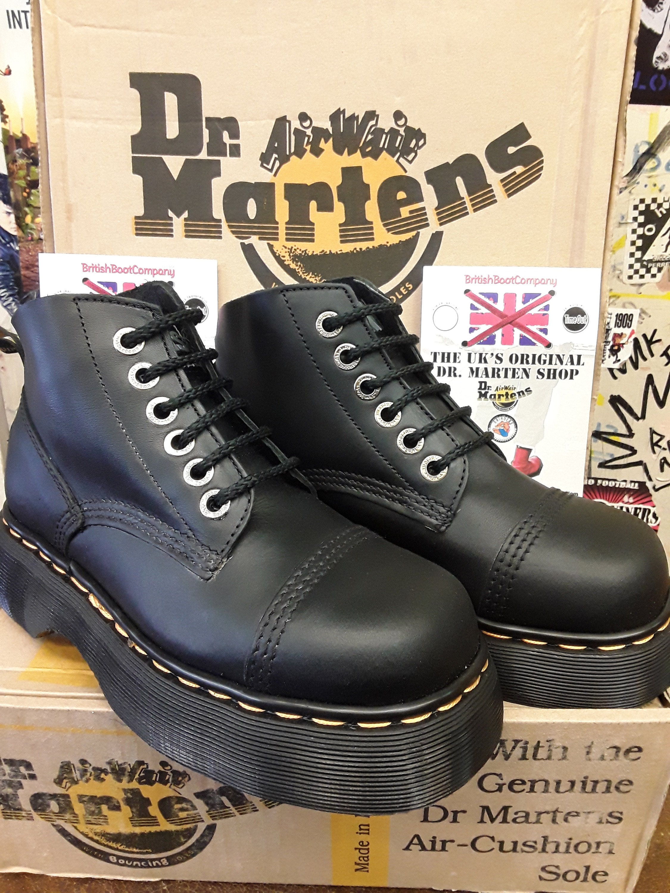 Dr Martens Vintage Black Waxy 6 Hole Platform Boots, Size 4