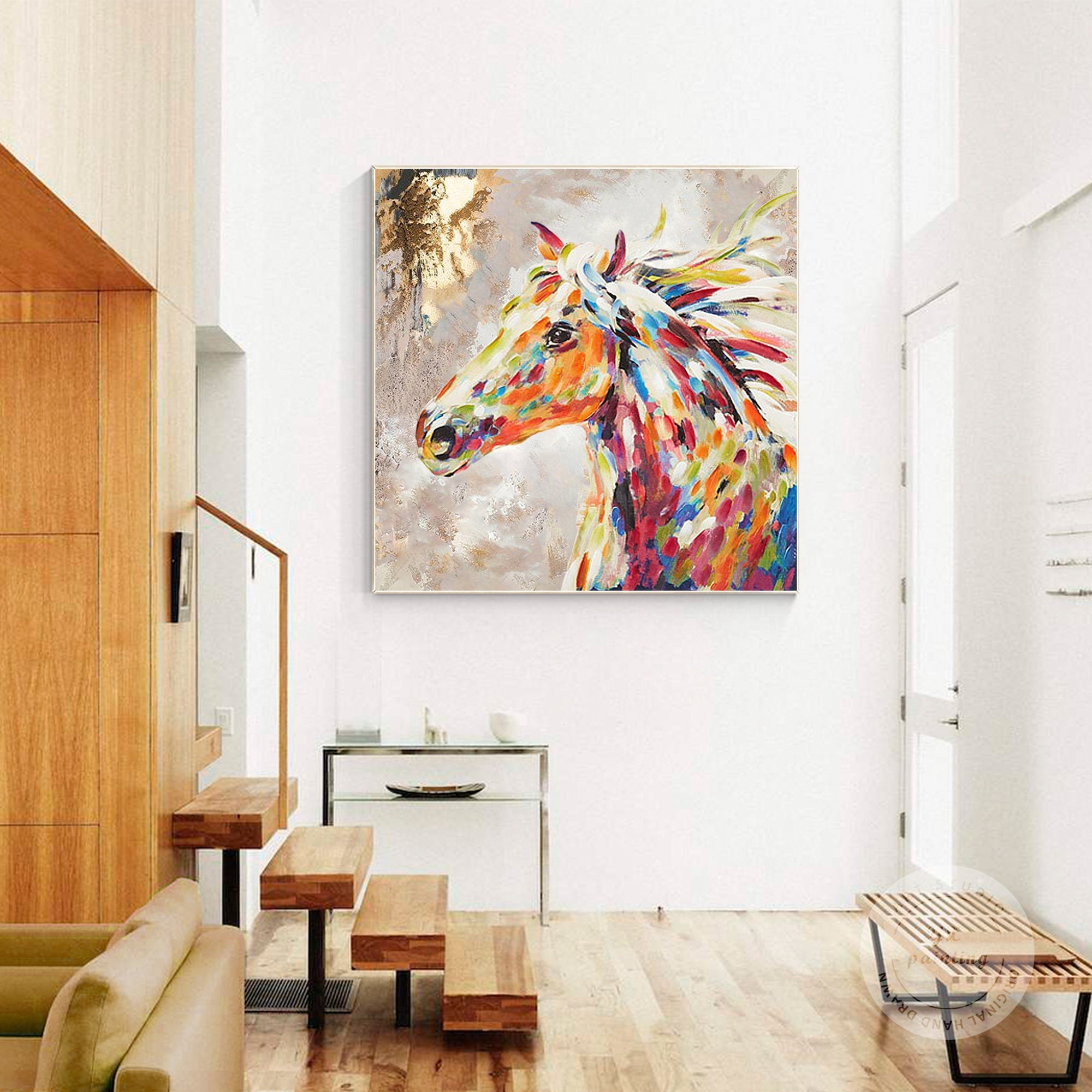 カラフルな馬の絵：質感のある額入りキャンバスウォールアート - Etsy 日本