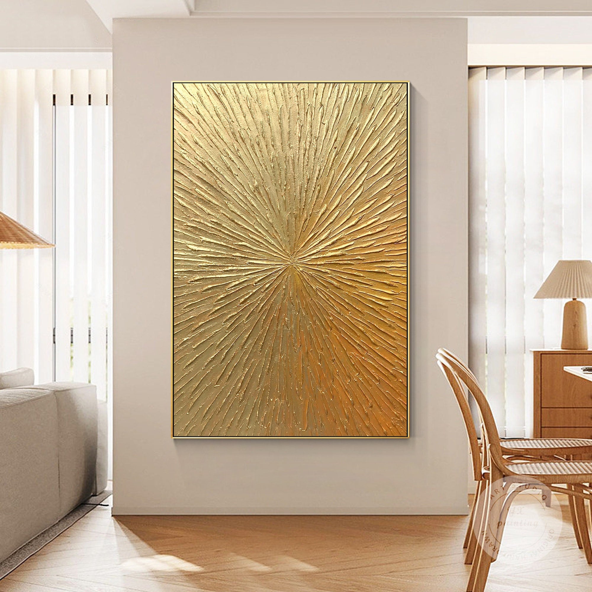 Golden Sunburst Textured Wall Art – Luxury Gold Abstract Painting