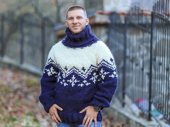 Nordic Knit Sweater, Man Wool Sweater, Giant Turtleneck Pullover