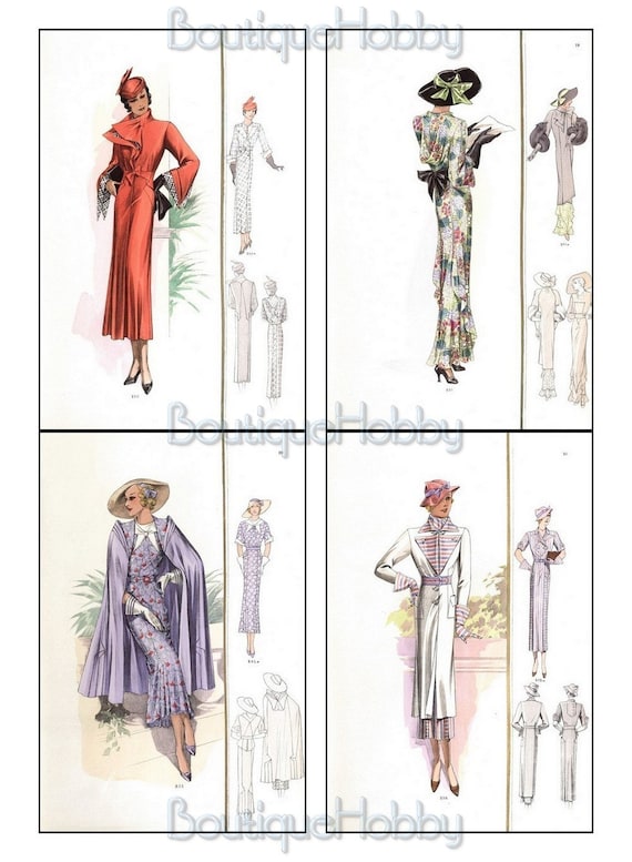 1930 年代のヴィンテージ ファッション カタログ、イラスト、女性服