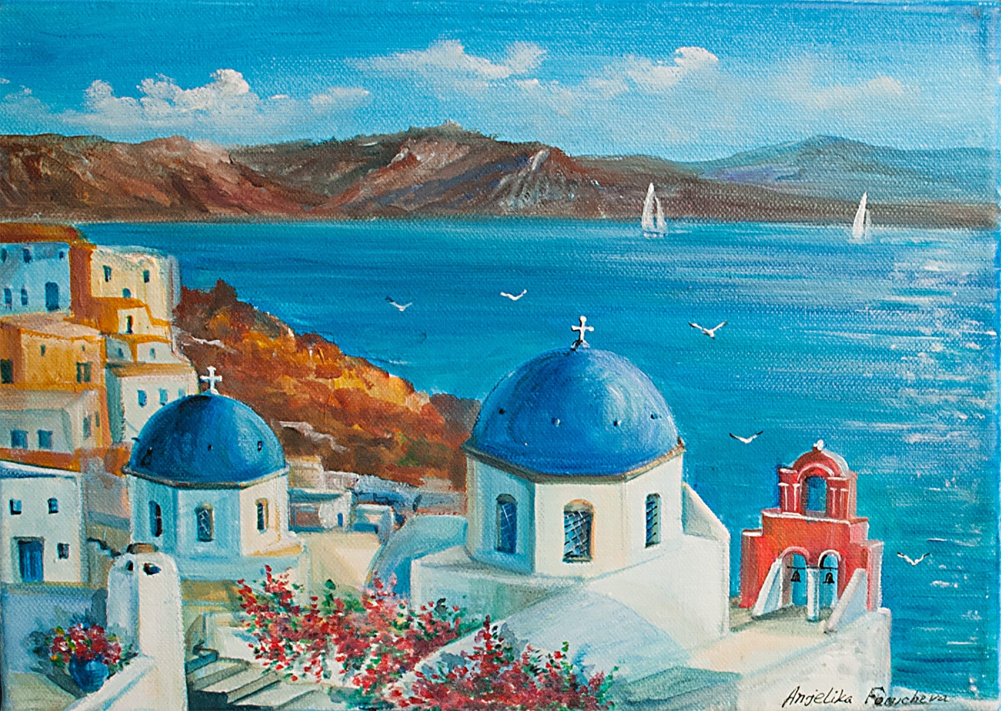 サントリーニ島の海景油絵：ギリシャの島の芸術、青い海（14-18分