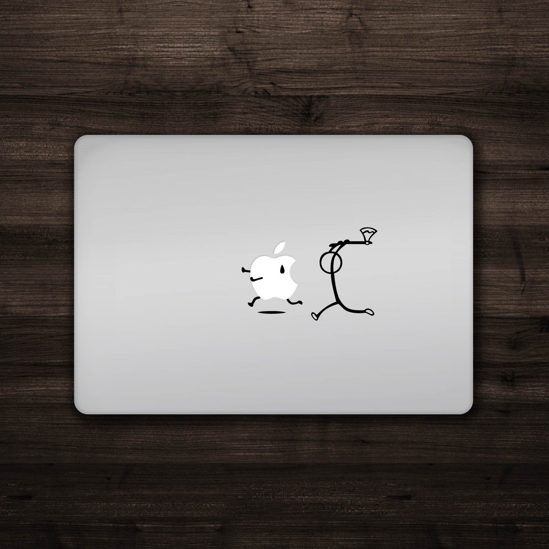 Stick Figure Chasing Apple Mac Apple Logo Cover Laptop Vinyl Decal