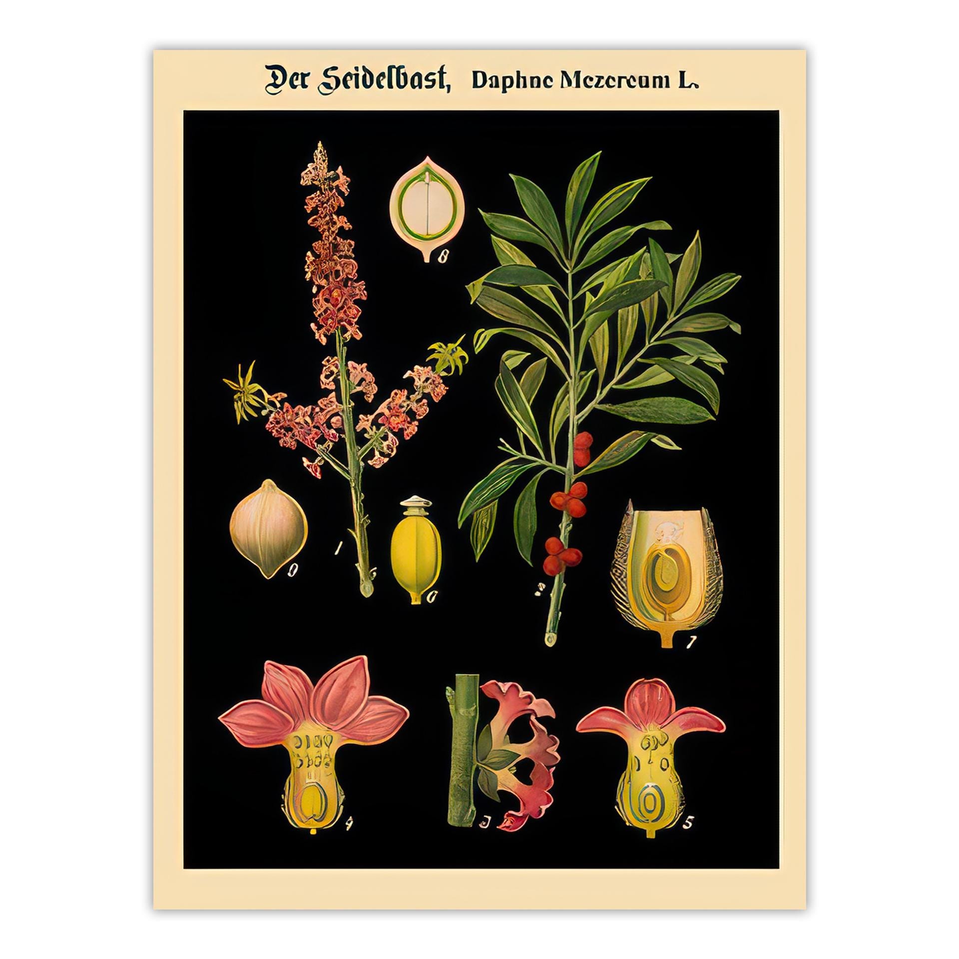 黒の背景にドイツの植物図版プリント - ヴィンテージの教育用植物