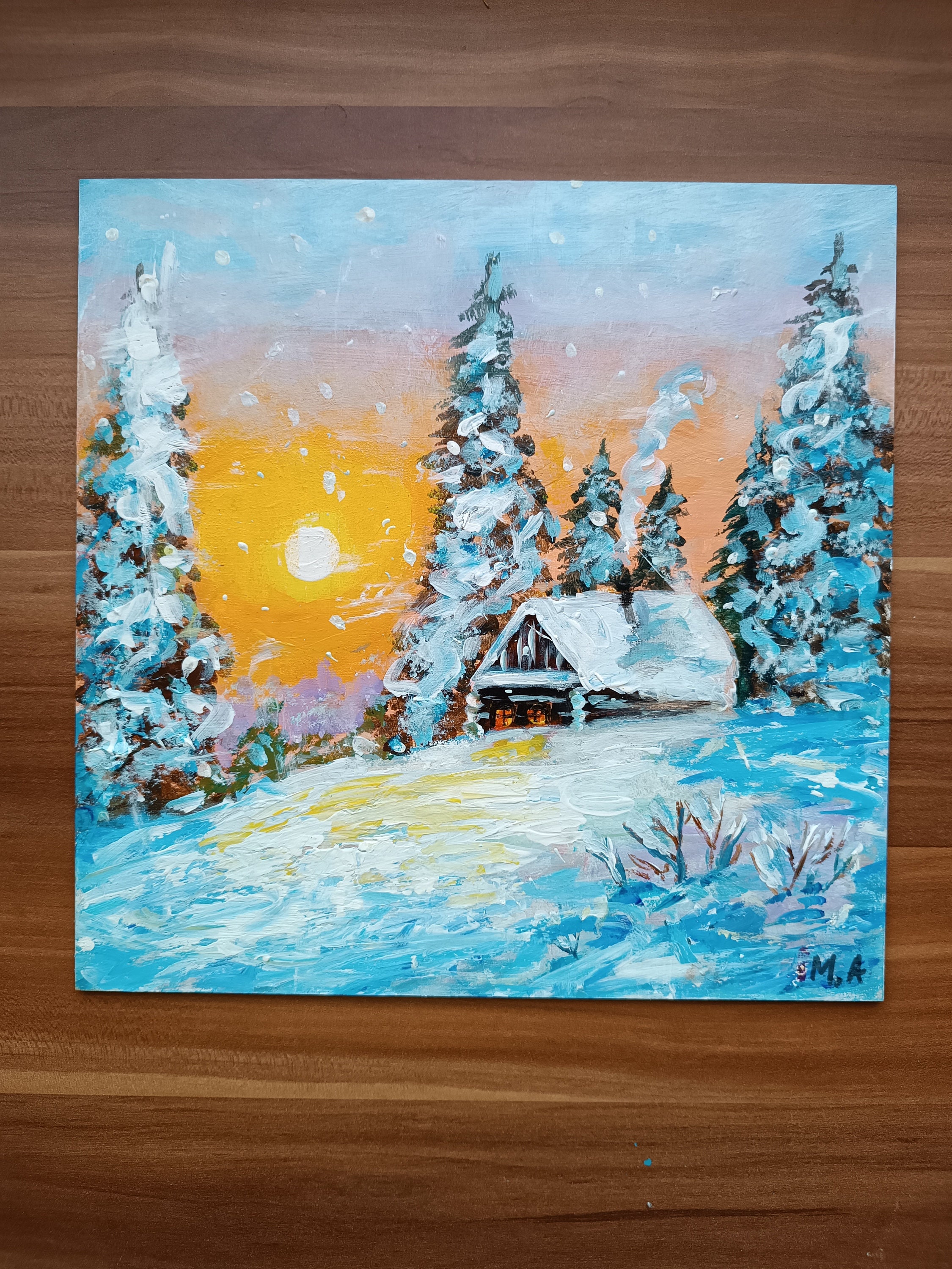 冬の森のアクリル画、日没時の雪景色、自然風景アート、新年の