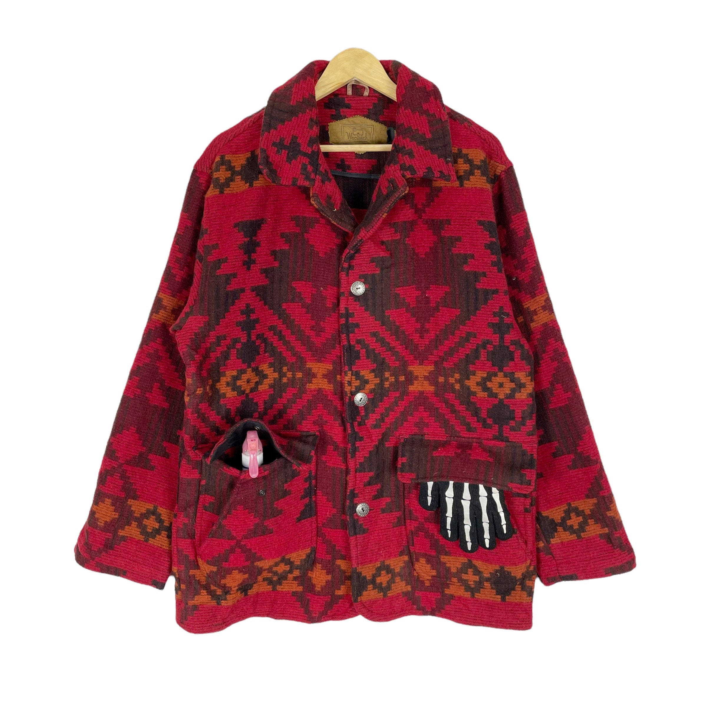 Vintage 90s Woolrich Aztec Wool Zipper Jacket Native Navajo Red