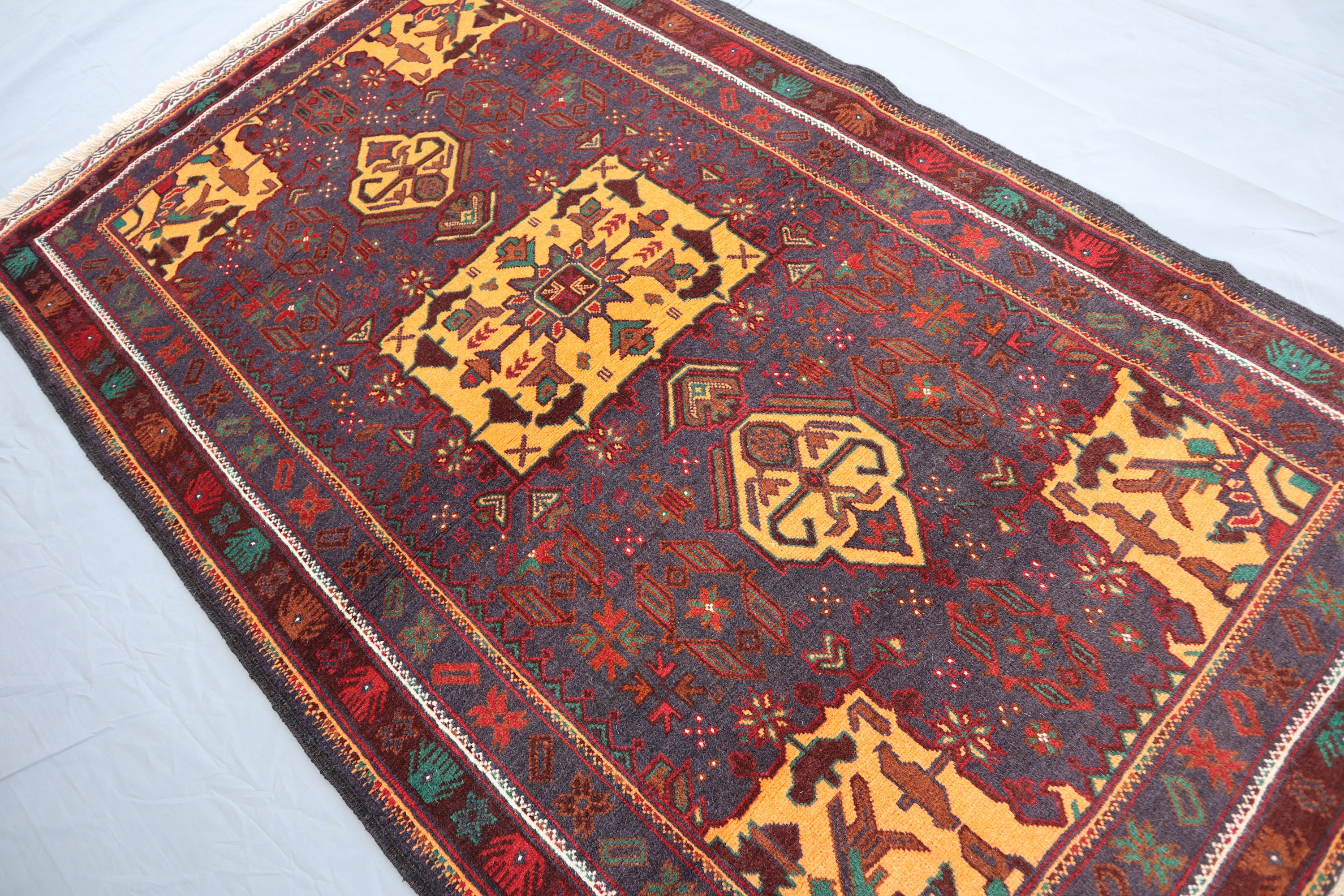 3'9x6'6 フィート 部族バルーチ ヴィンテージ ラグ - オレンジ