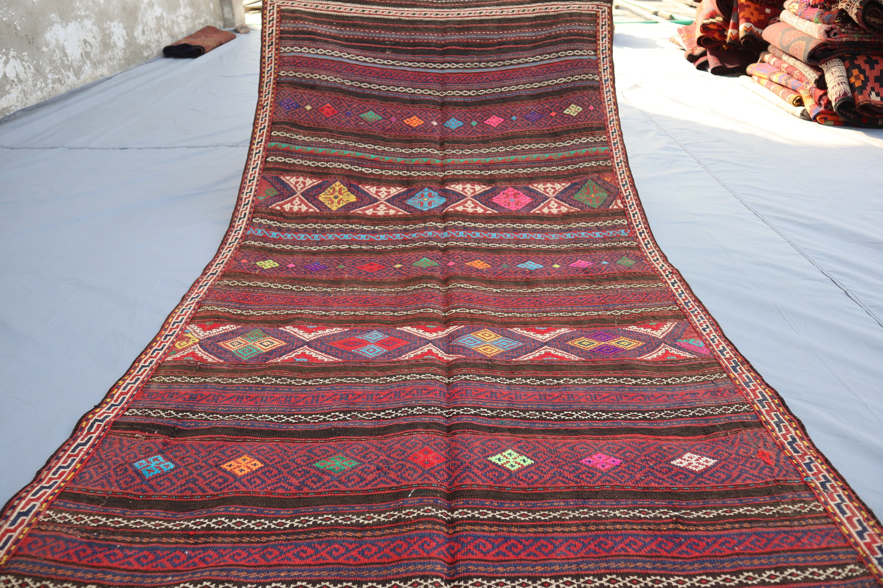 4x7 アフガニスタン キリム エリア ラグ - ピンク レッド 本物の