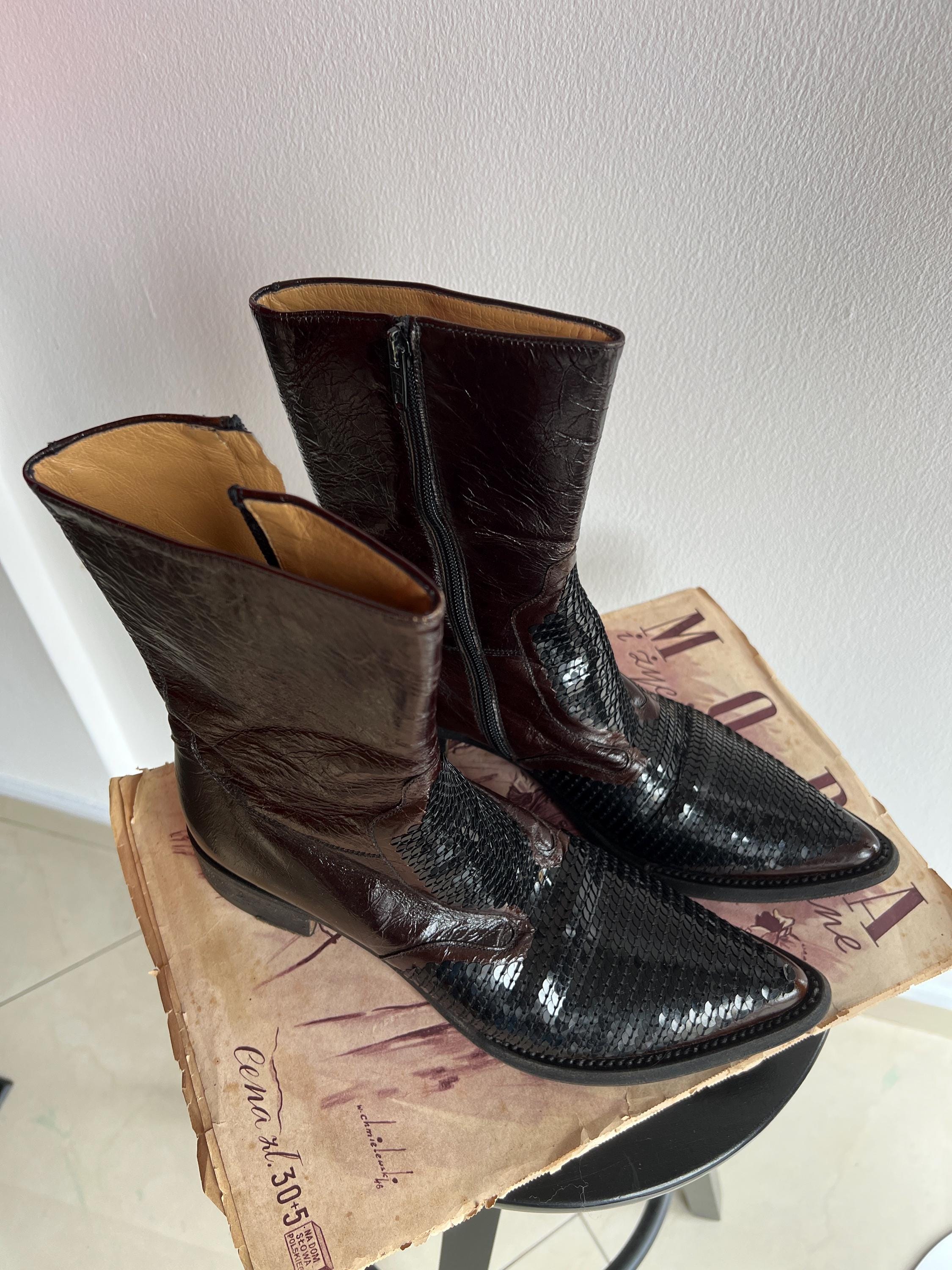 Vintage Gianni Barbato Cowboy Boots – Brown Patent Leather, Sequin