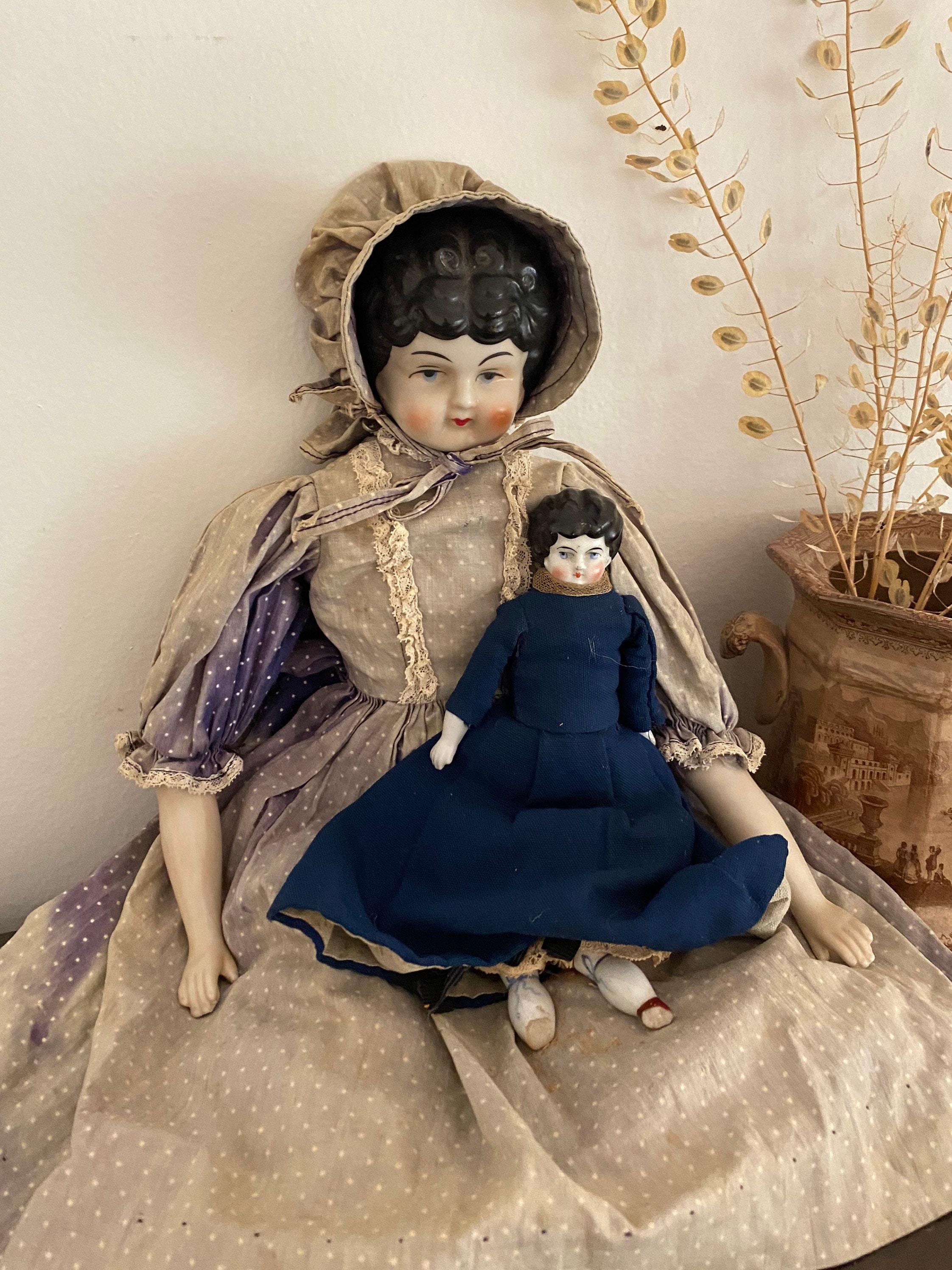 Antique Set of 2 China Head Dolls Porcelain Dolls Victorian