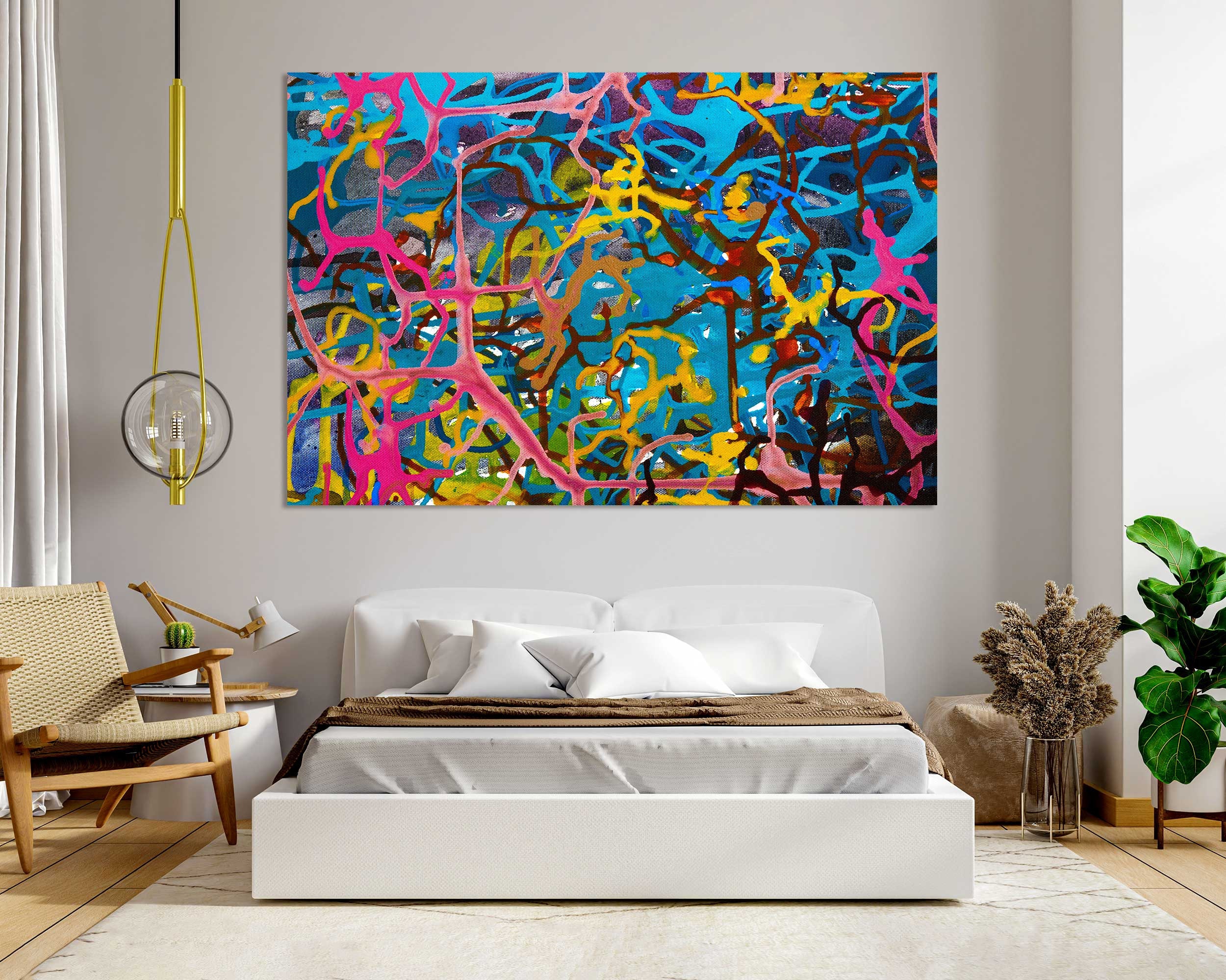 キャンバスに描かれた抽象的なアクリル画、カラフルな水しぶき