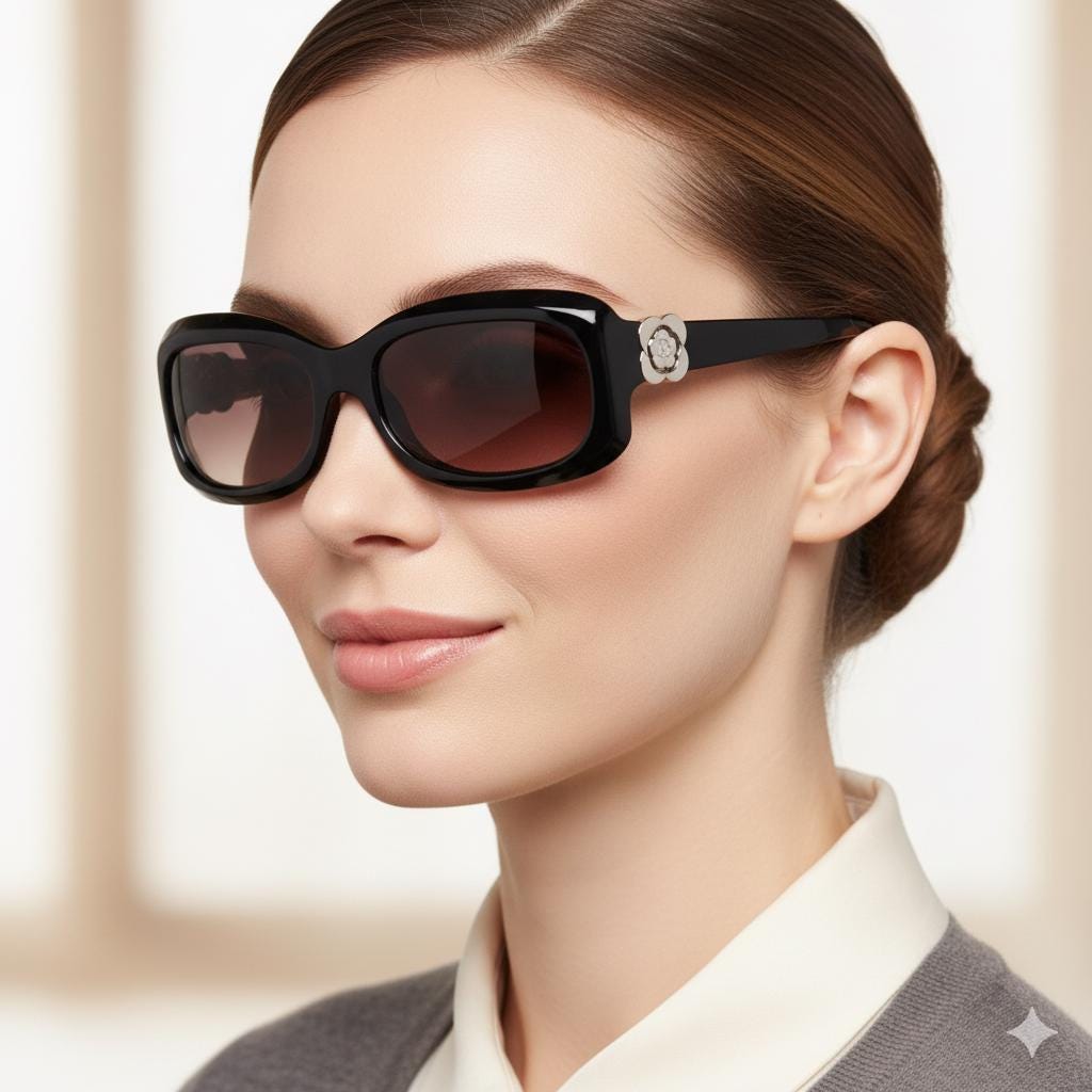 CHANEL Sunglasses Vintage Black White Camellia Flowers Oval