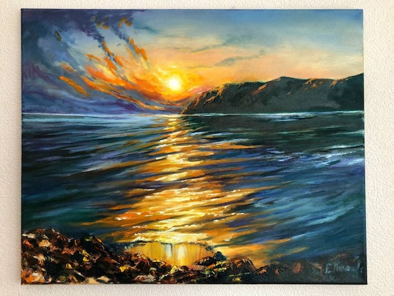 夕焼けの絵画、川と山の絵画、夕方の夕日、水と太陽、オリジナルの風景