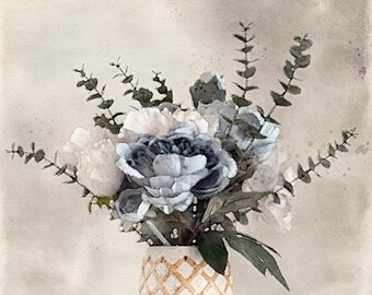 花瓶に入った青い花のフラワーアレンジメント：油絵アートプリント