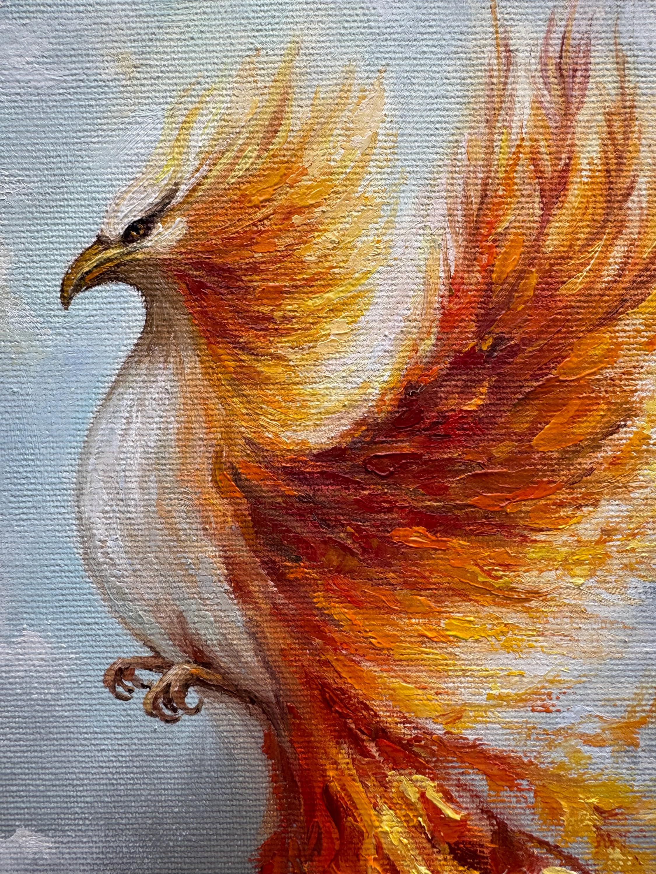 フェニックスの絵画：キャンバスに油彩を描いたインパスト画 - 燃える