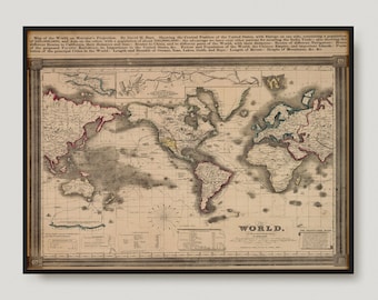 1850年の世界地図、メルカトル図法、19世紀のアンティーク世界地図、古