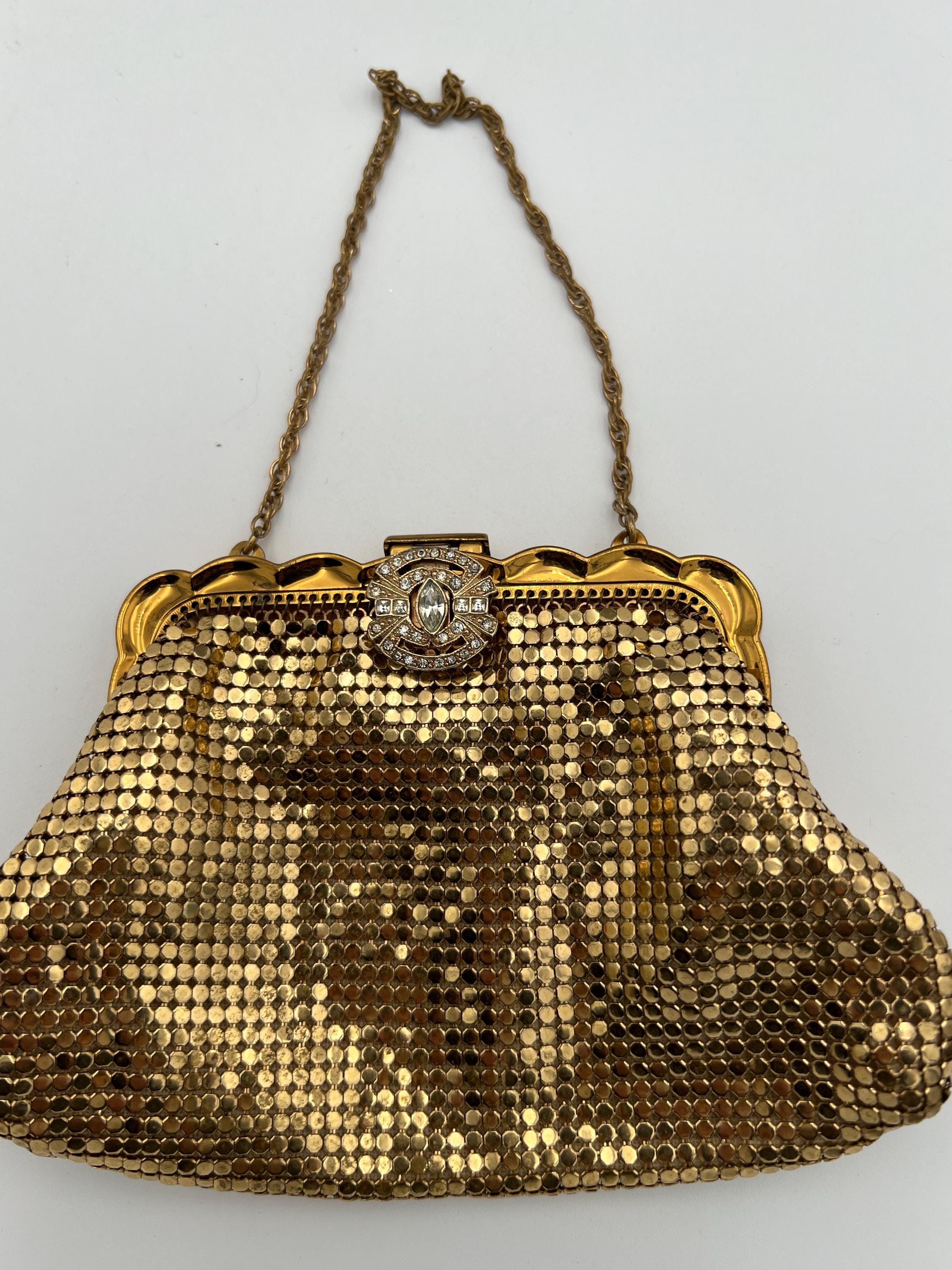 Vintage Whiting and Davis Gold Mesh Rhinestone Clasp Small