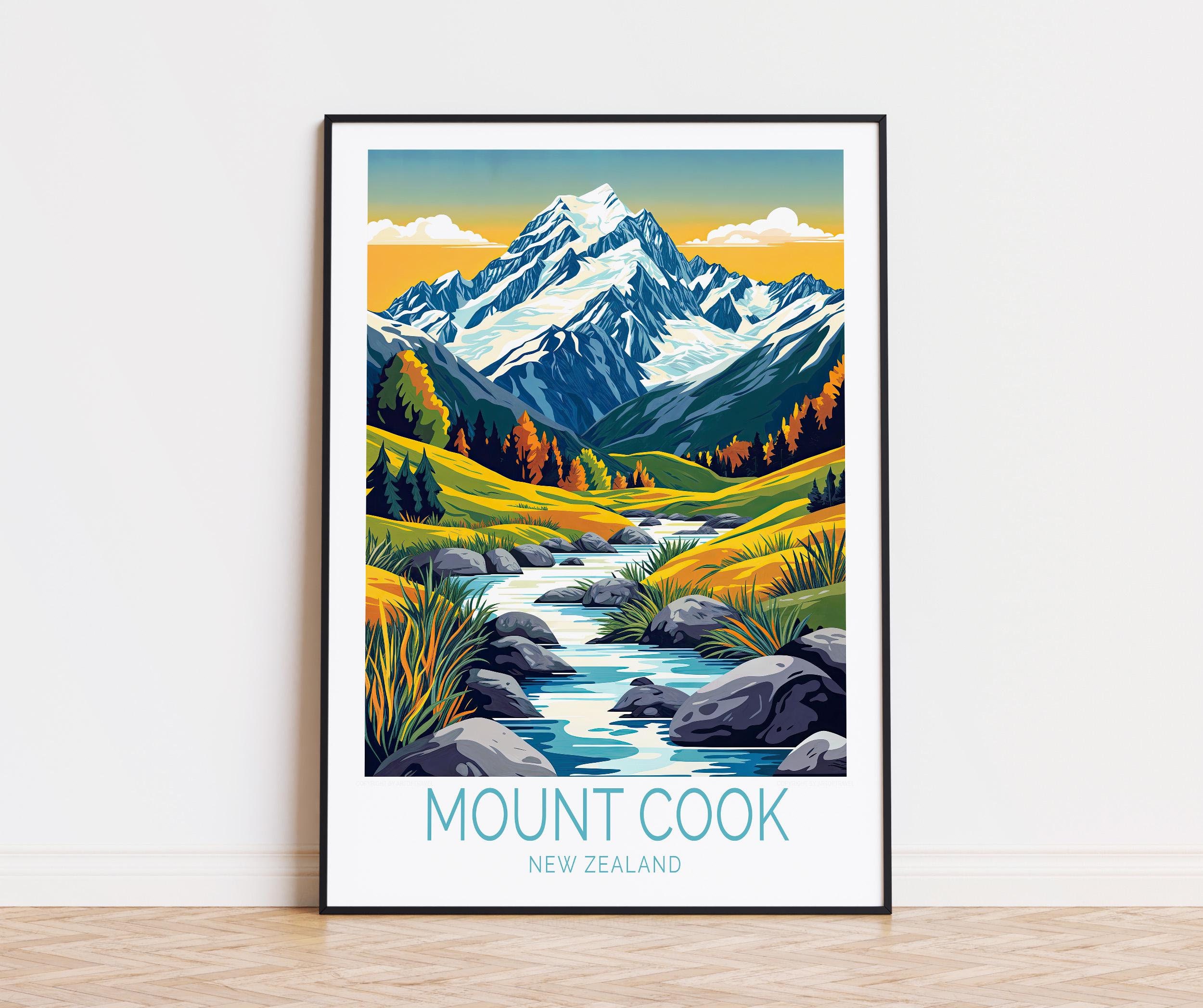 マウントクック旅行ポスター、ニュージーランドの壁アート、マウント
